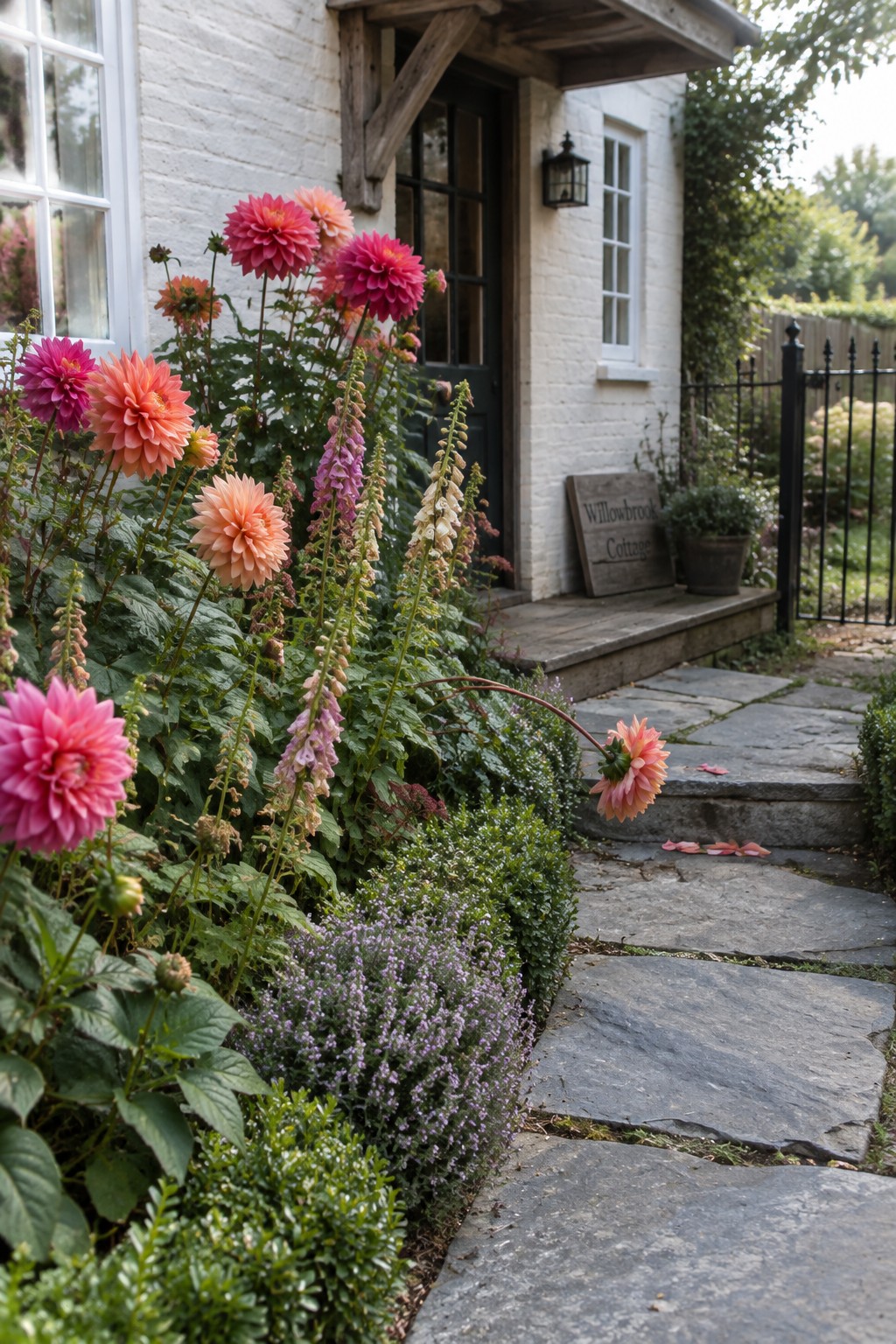 Pink and coral dahlias and smaller flowers grow beside a stone path leading to a white brick cottage entrance.