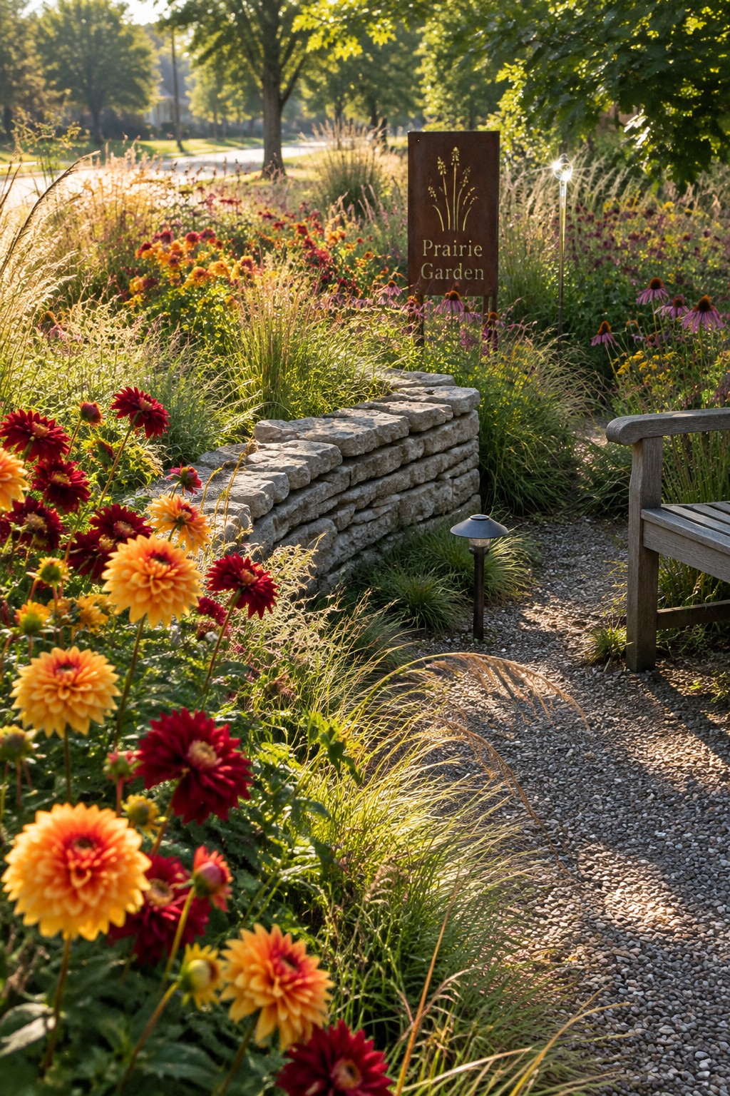 A gravel path curves through a flower garden beside a low stone wall and a sign reading “Prairie Garden.”
