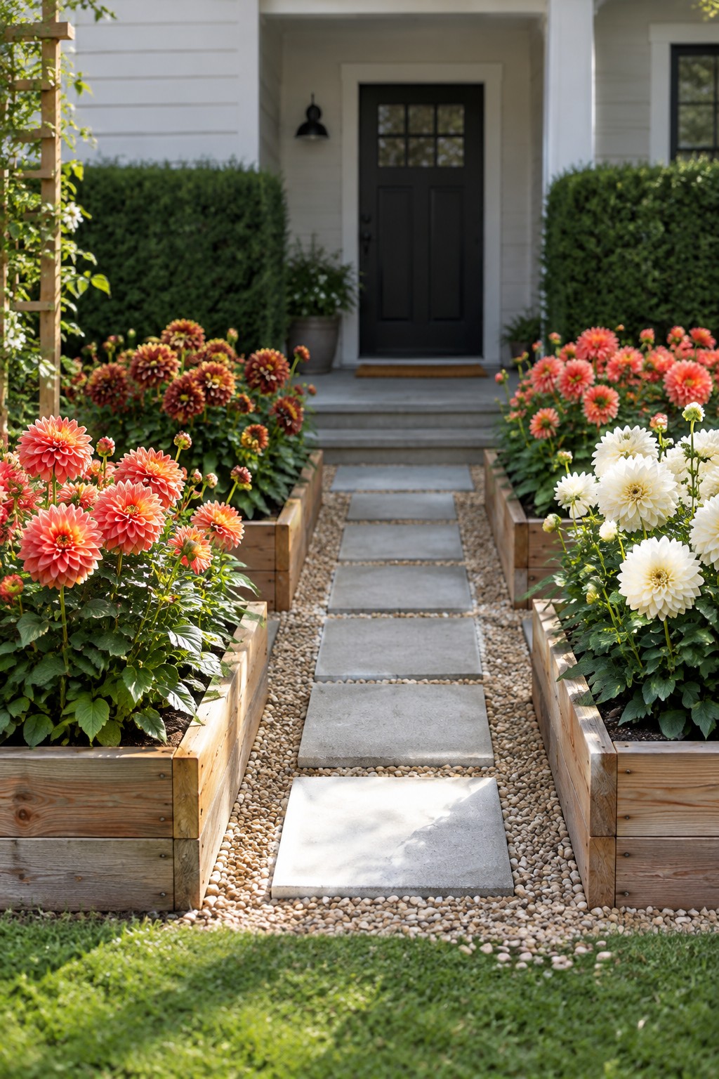 Raised wooden flower beds filled with dahlias border a gravel path of stepping stones leading to a front door.