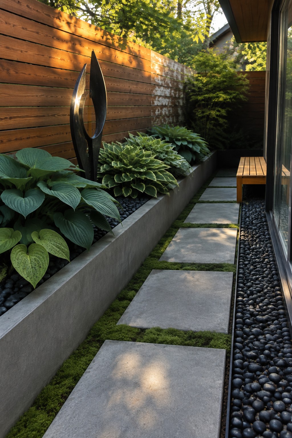 Large concrete stepping stones cross a moss path beside a raised bed of hostas and a horizontal wooden fence.