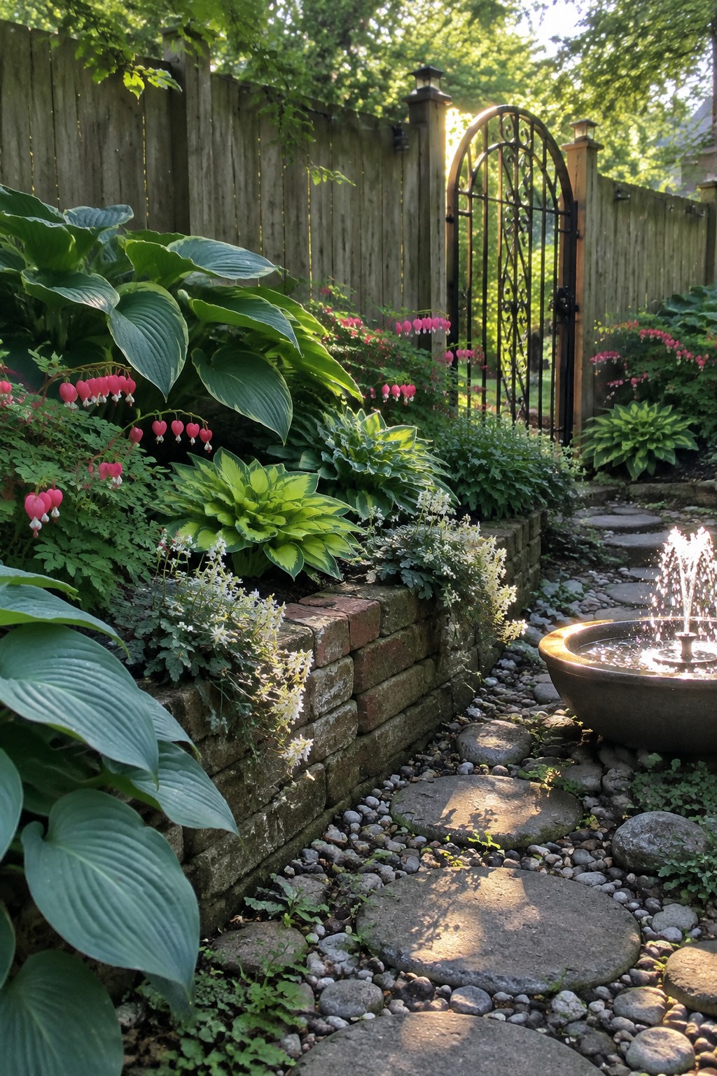 A black arched metal gate stands in a wooden fence beside hostas, pink flowers, a stone path, and a small fountain.