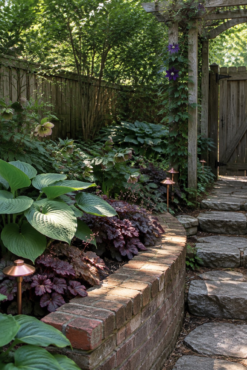 A curved brick retaining wall borders hostas and other shade plants beside a stone path and wooden fence.