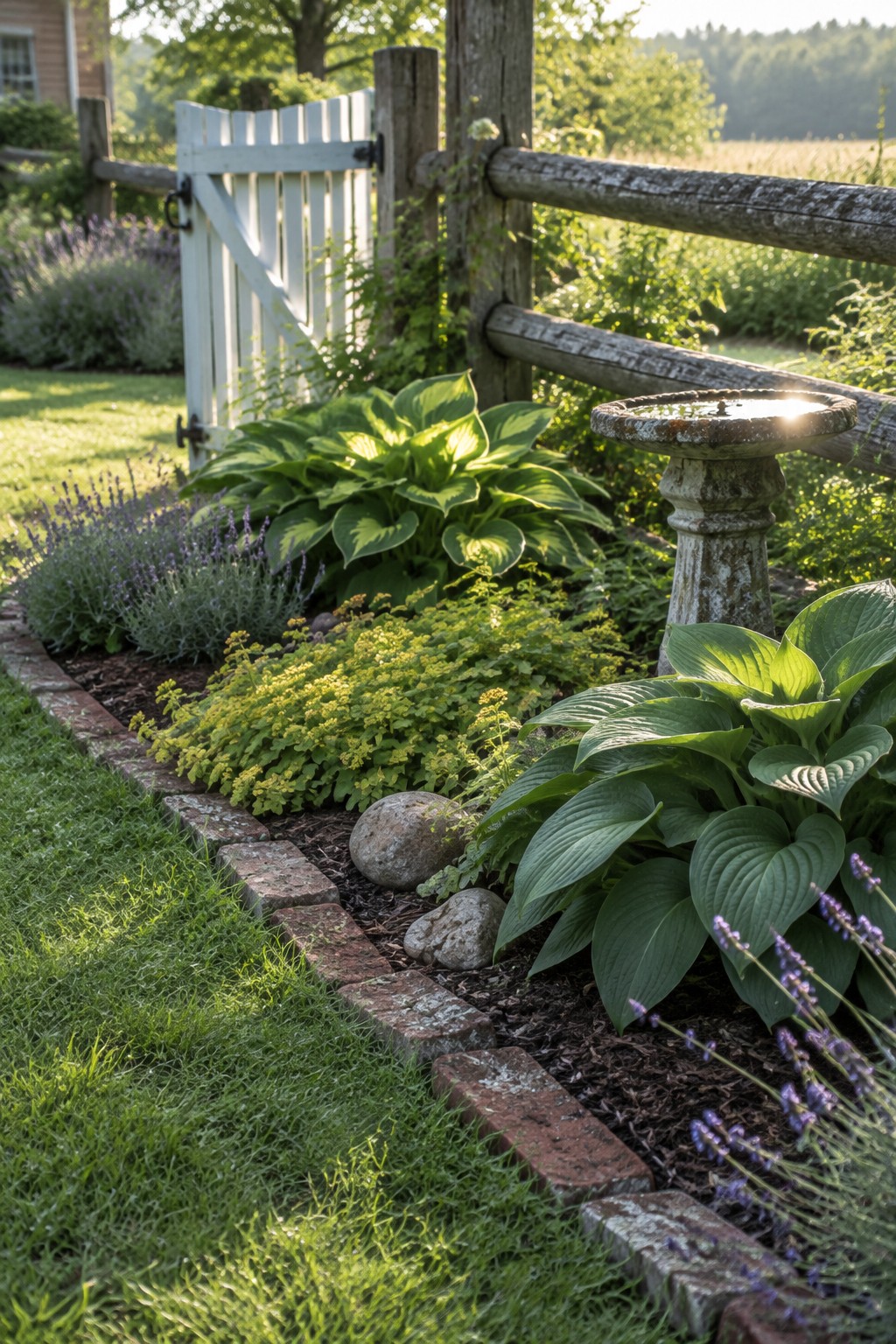 A curved brick border separates a lawn from a mulched garden bed planted with hostas and purple-flowering perennials beside a wooden fence.