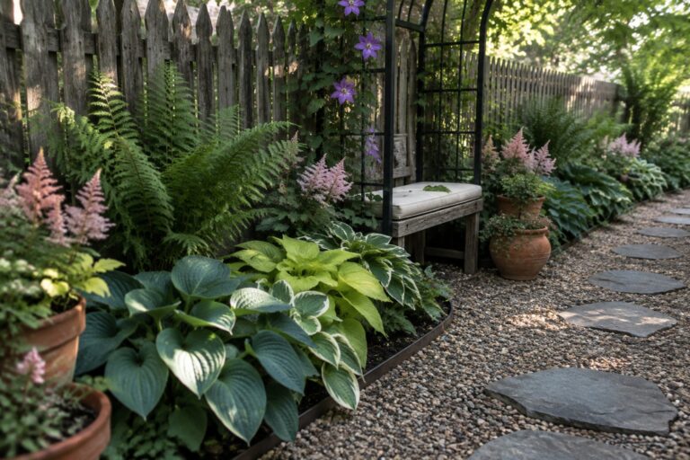 17 Hosta Landscaping Ideas Along a Fence for Lush Shade A gravel garden path with flat stepping stones curves past hostas, ferns, and flowering vines beside a wooden fence.