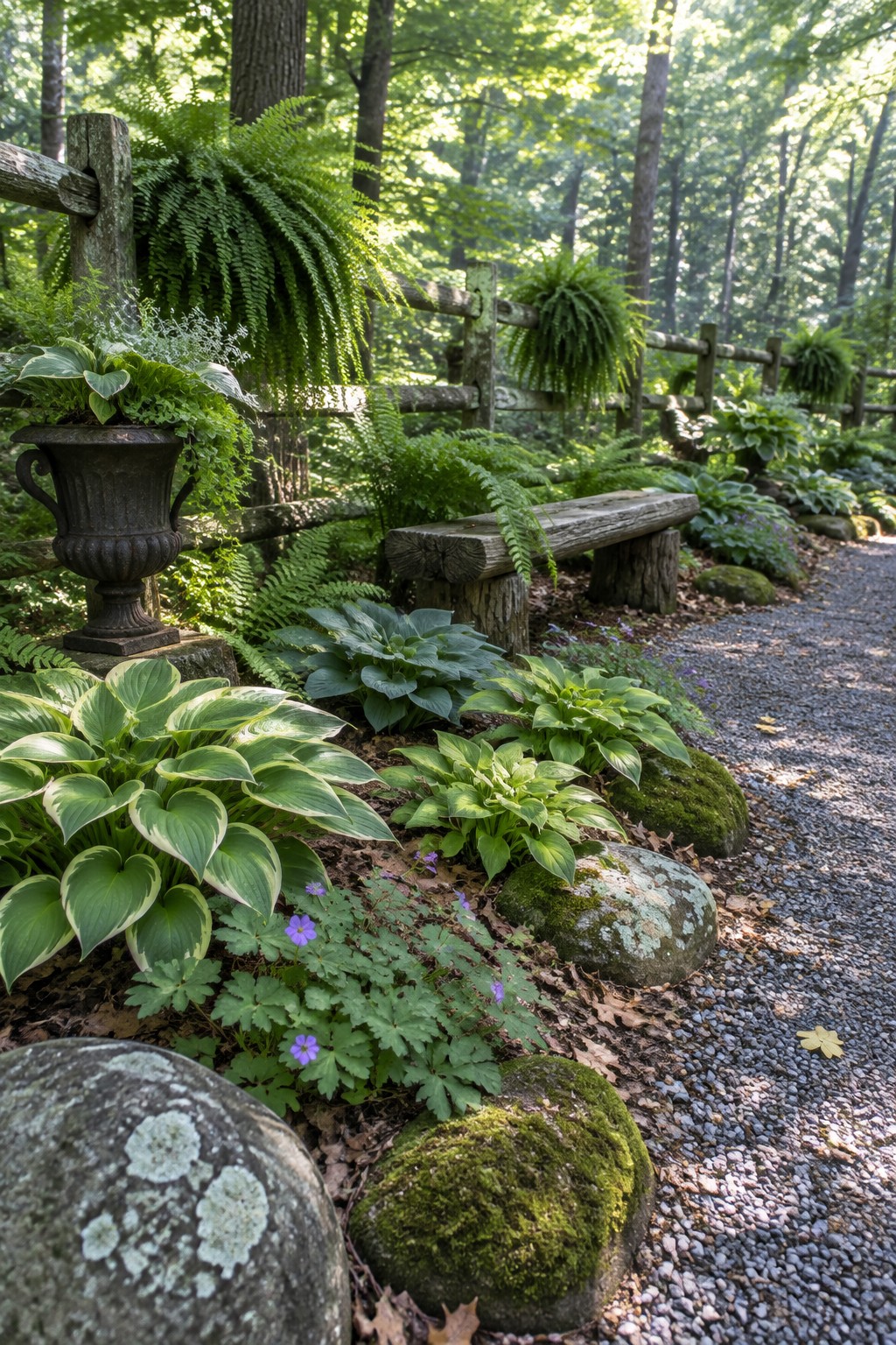 Variegated hostas and ferns grow beside a gravel path, with a rustic wooden fence and bench in a shaded garden.