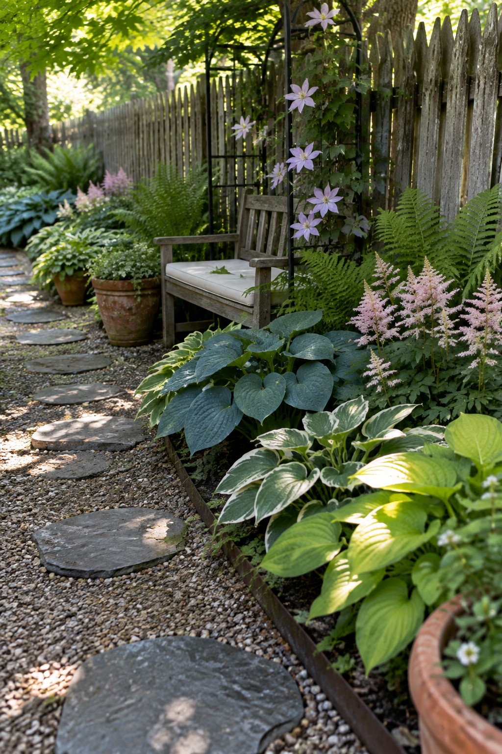 A gravel garden path with flat stepping stones curves past hostas, ferns, and flowering vines beside a wooden fence.