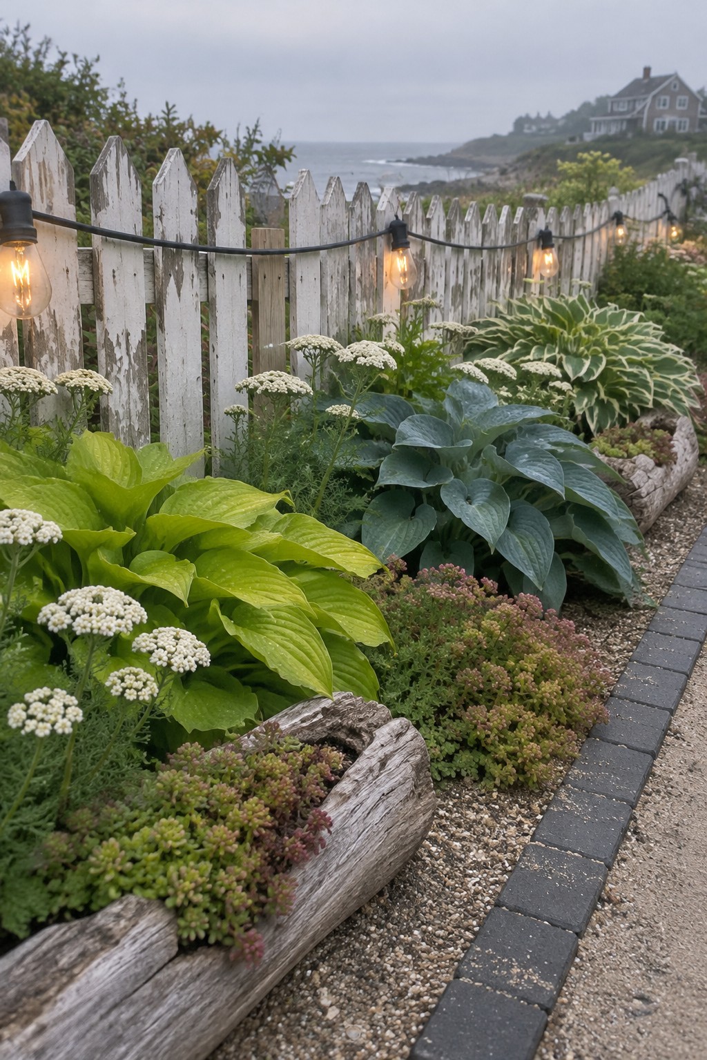 A garden bed with blue-green and chartreuse hostas, white flowers, and low groundcover beside a weathered picket fence.