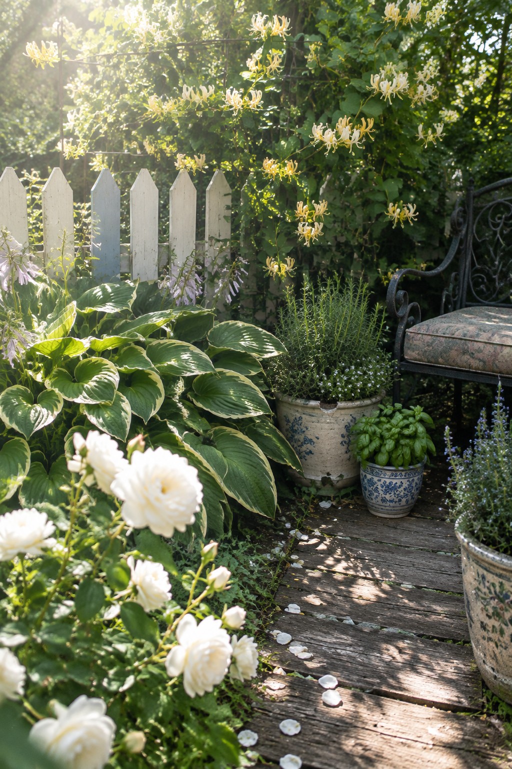 White hostas grow beside a white picket fence covered with flowering honeysuckle, next to a wooden garden path.
