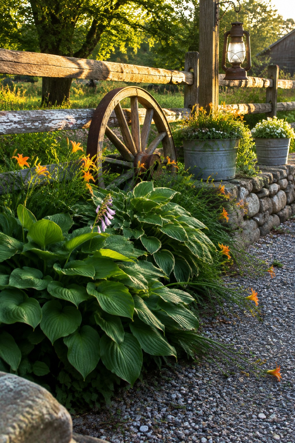 A low stone wall borders a gravel path beside hostas, orange flowers, a wooden fence, a wagon wheel, and potted plants.