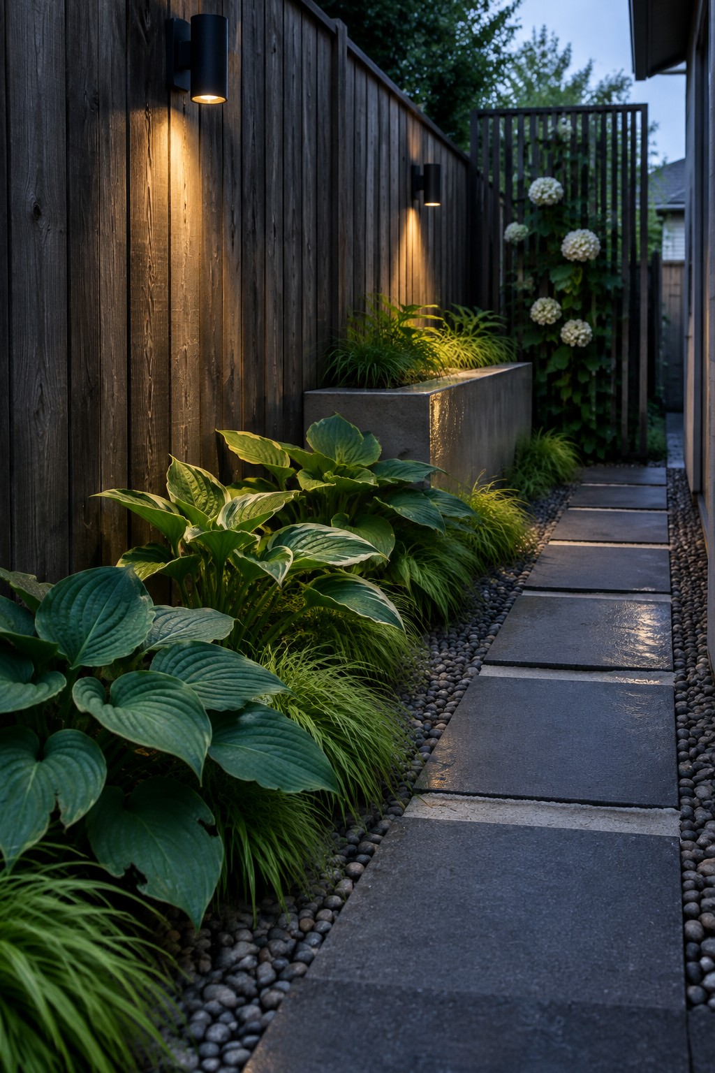 Large concrete stepping stones run beside hostas and ornamental grasses along a dark wooden fence, with wall lights and a raised planter.