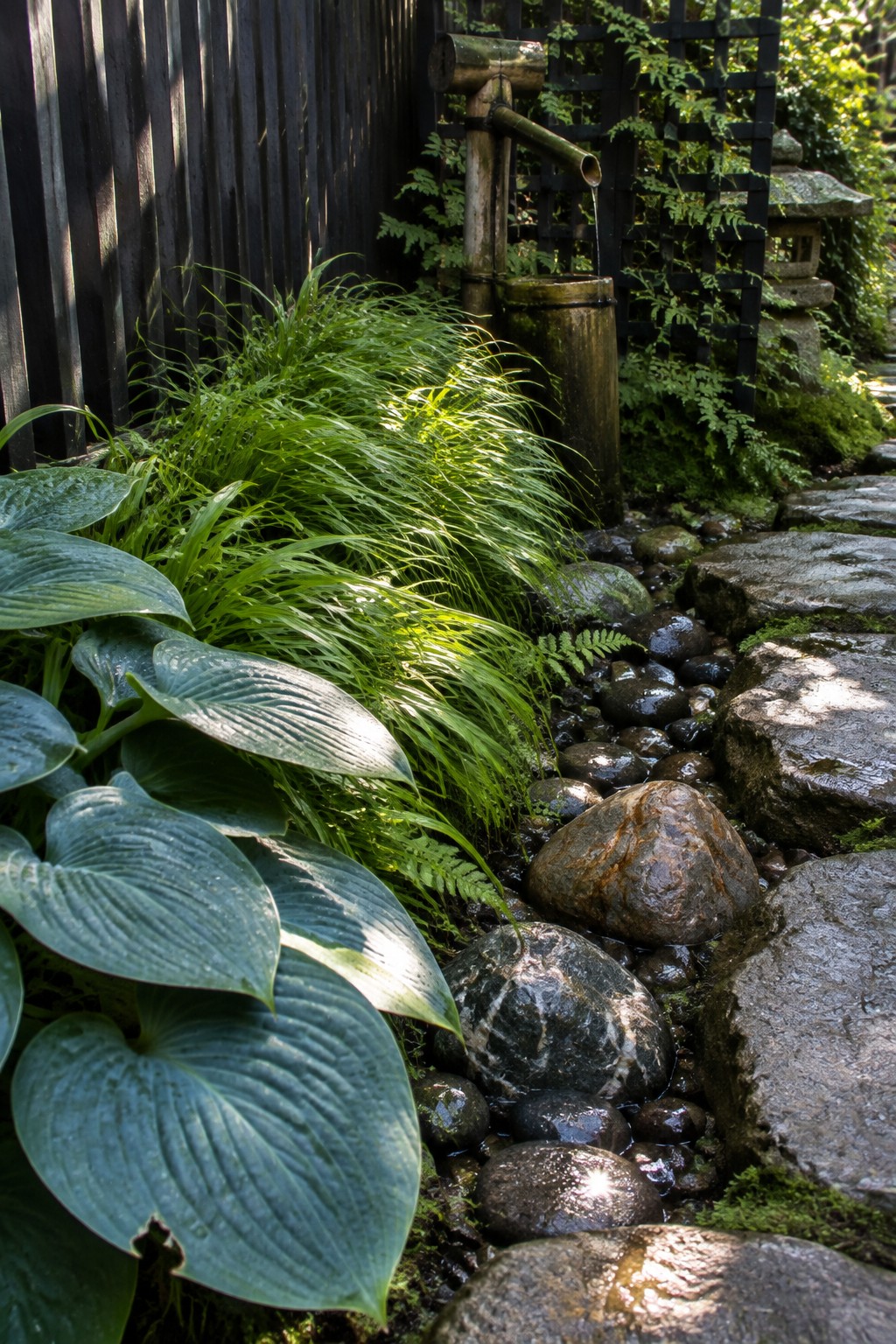 Broad blue-green hosta leaves border a rocky garden stream beside a dark wooden fence and bamboo water spout.
