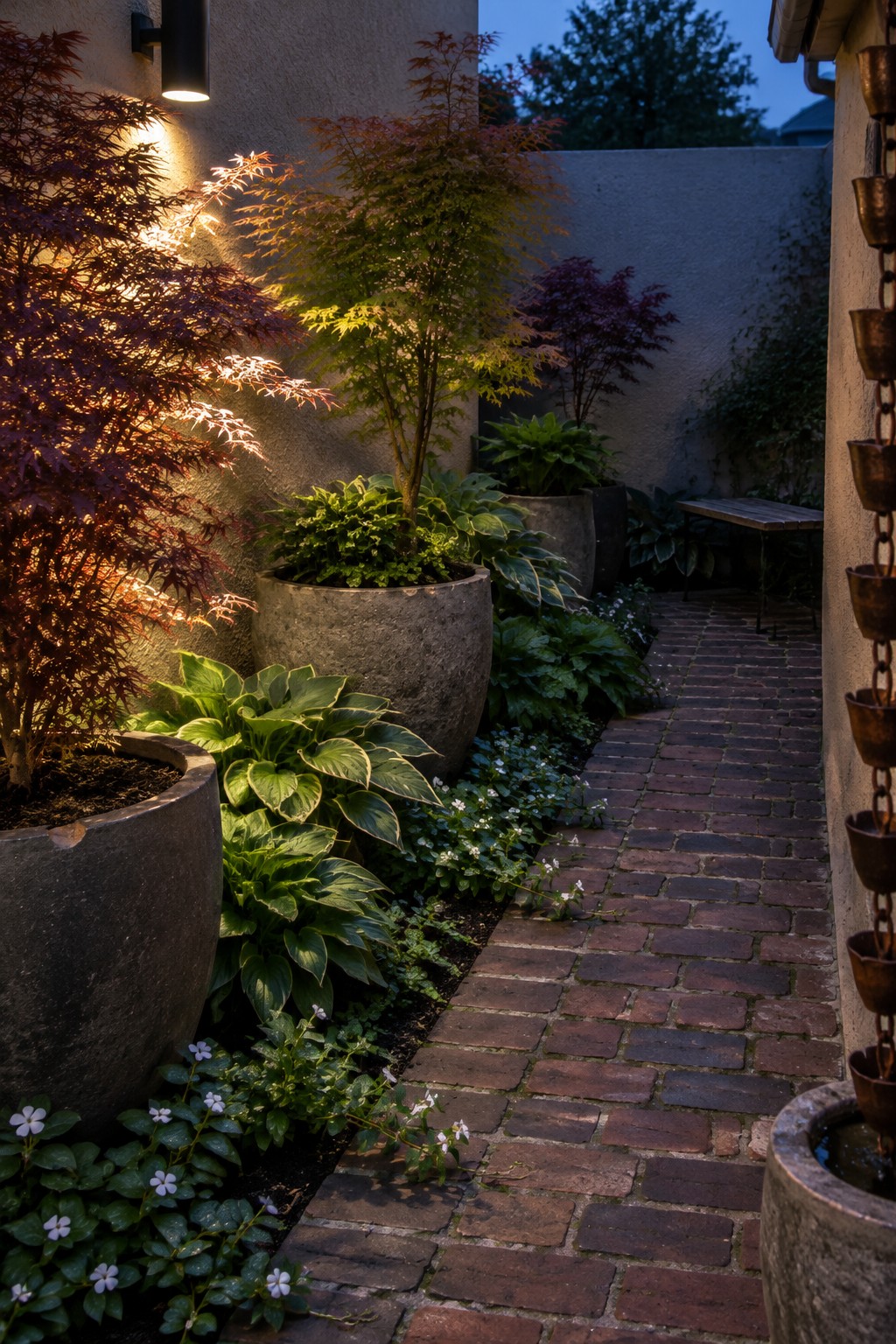Brick path bordered by leafy shade plants and large round planters in a walled garden.