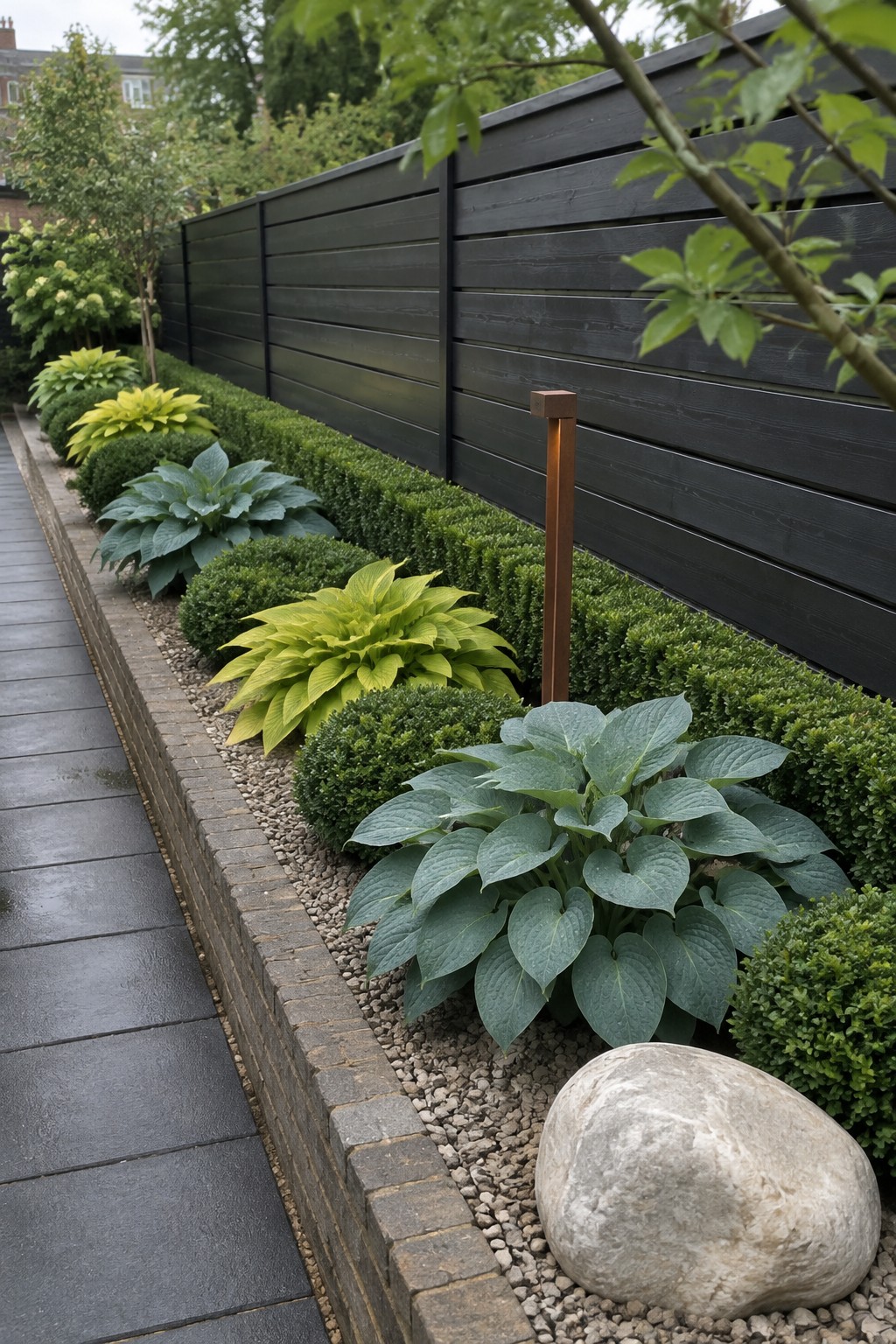 Blue-green and chartreuse hostas repeat along a raised garden bed beside a dark horizontal fence and paved path.