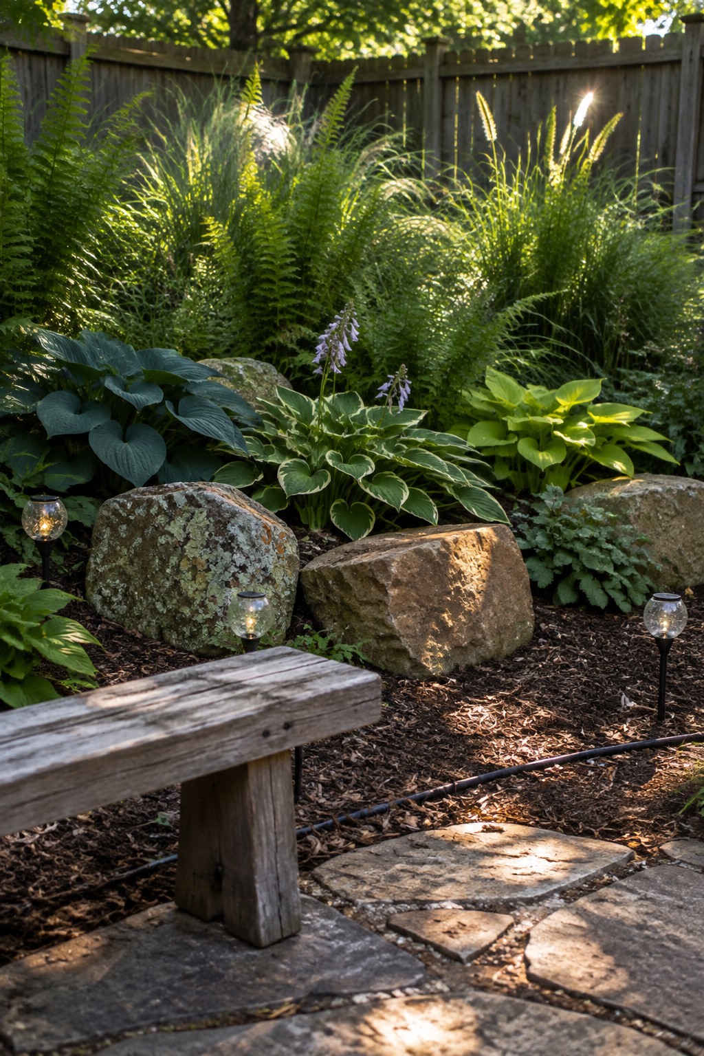 Large rocks sit among hostas and ferns in a shaded garden beside a wooden fence.