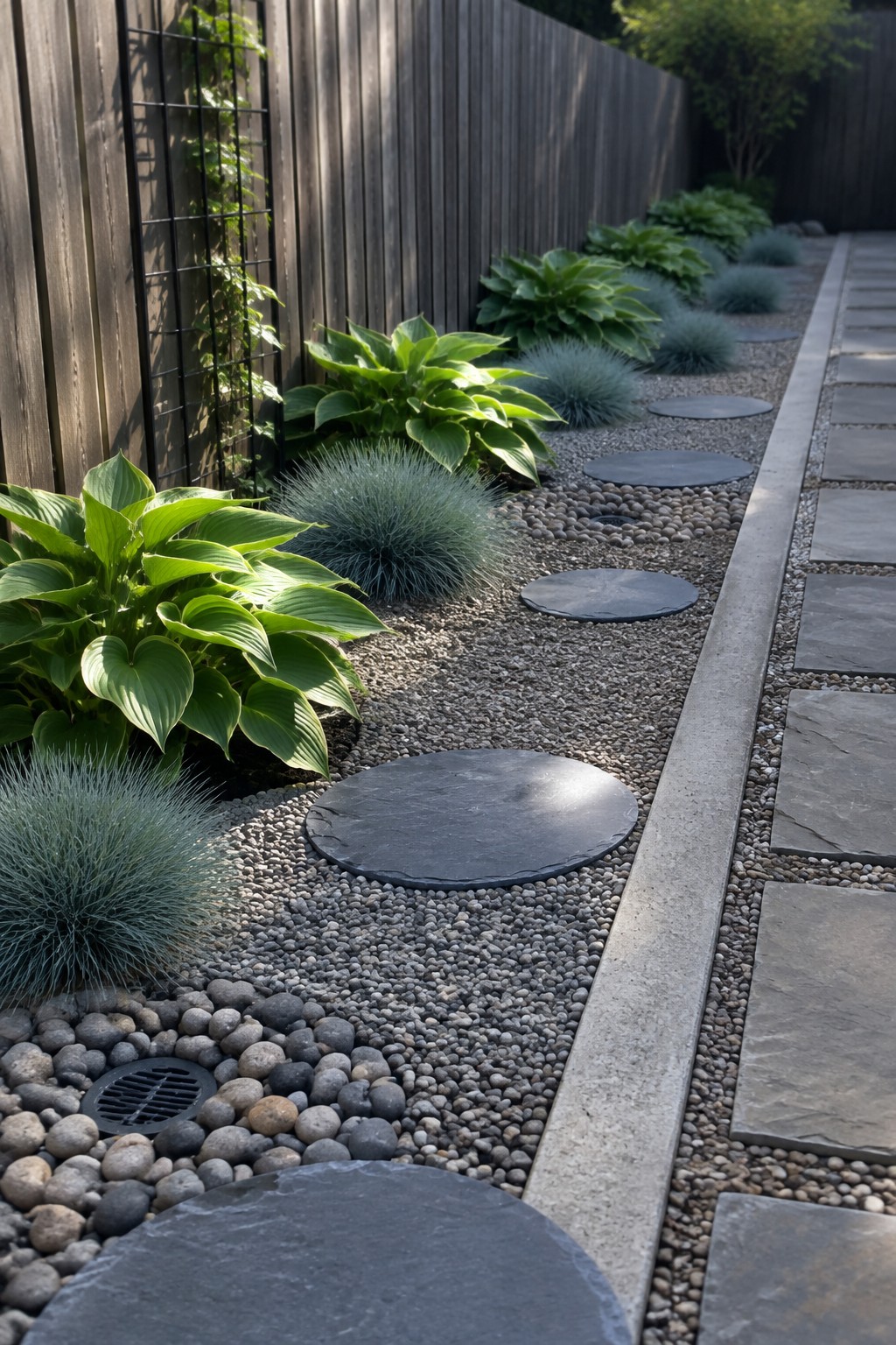 Round dark stepping stones cross a gravel garden bed planted with hostas and ornamental grasses beside a wooden fence.
