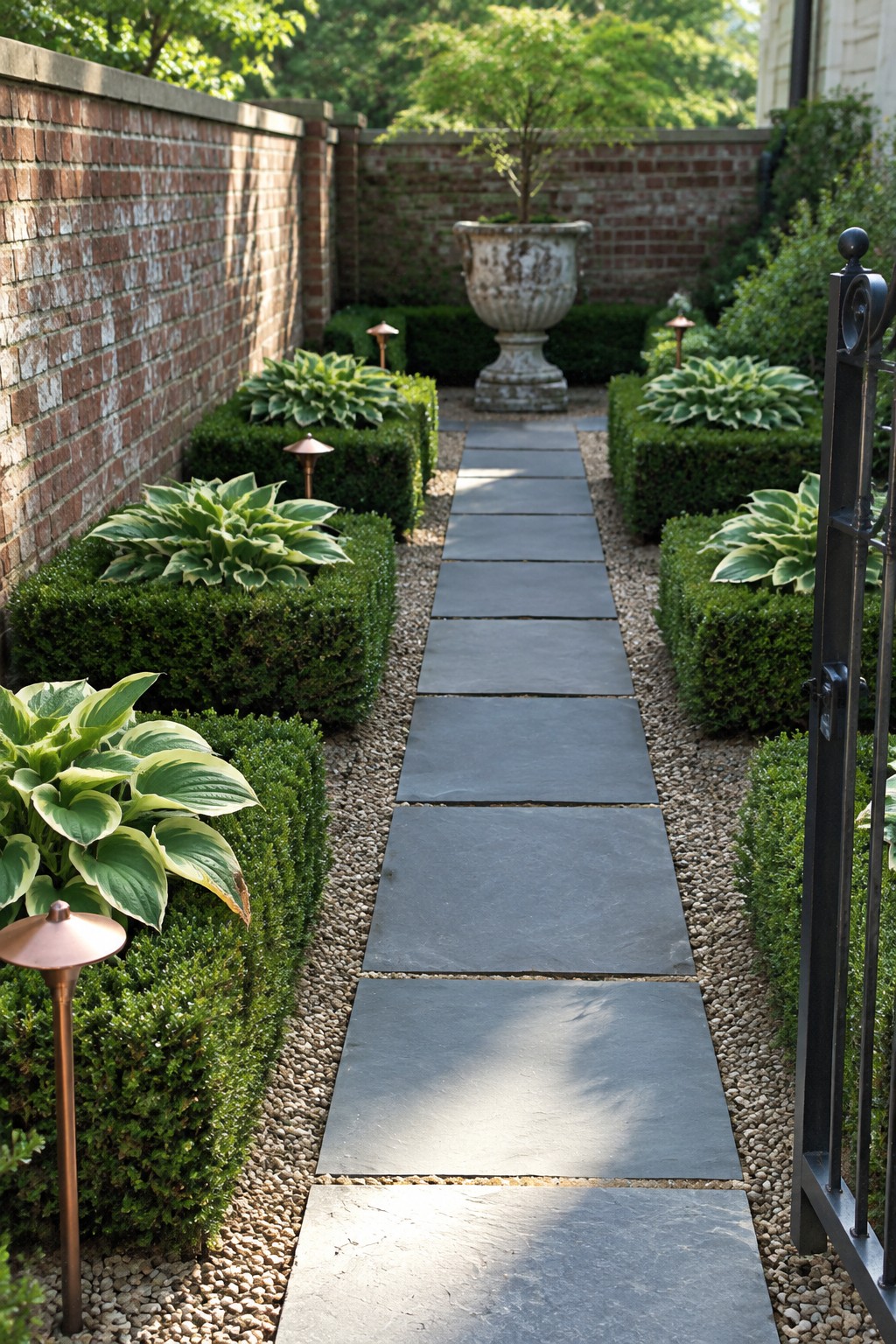 A straight path of large gray stone slabs runs through gravel between clipped shrubs and hostas in a brick-walled garden.