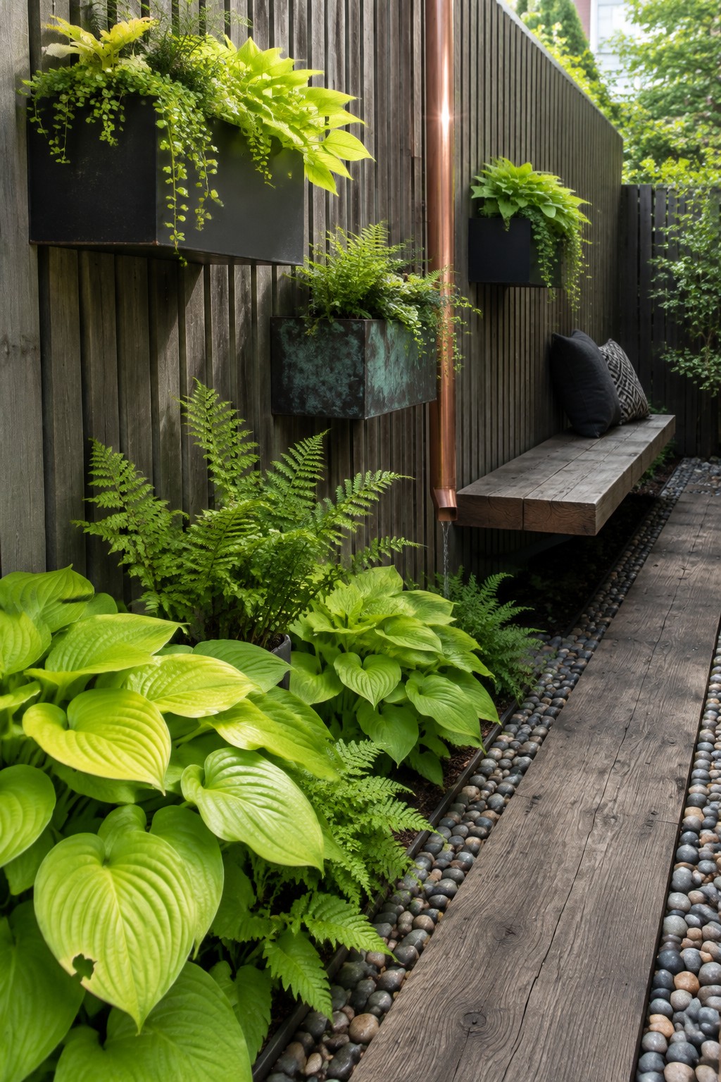 A narrow garden path runs beside a wooden fence with wall-mounted planters, ferns, hostas, and a wooden bench.