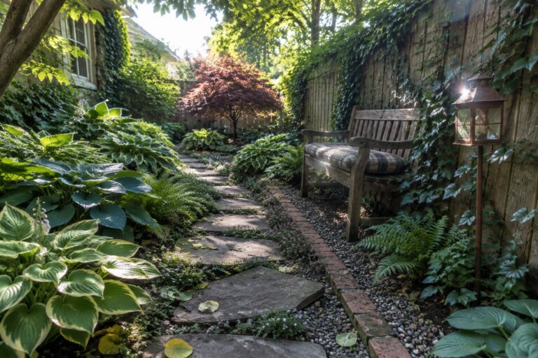 18 Hosta Landscaping Ideas for Small Shady Gardens A stepping-stone path runs through a shady garden bordered by hostas, ferns, and a wooden fence.