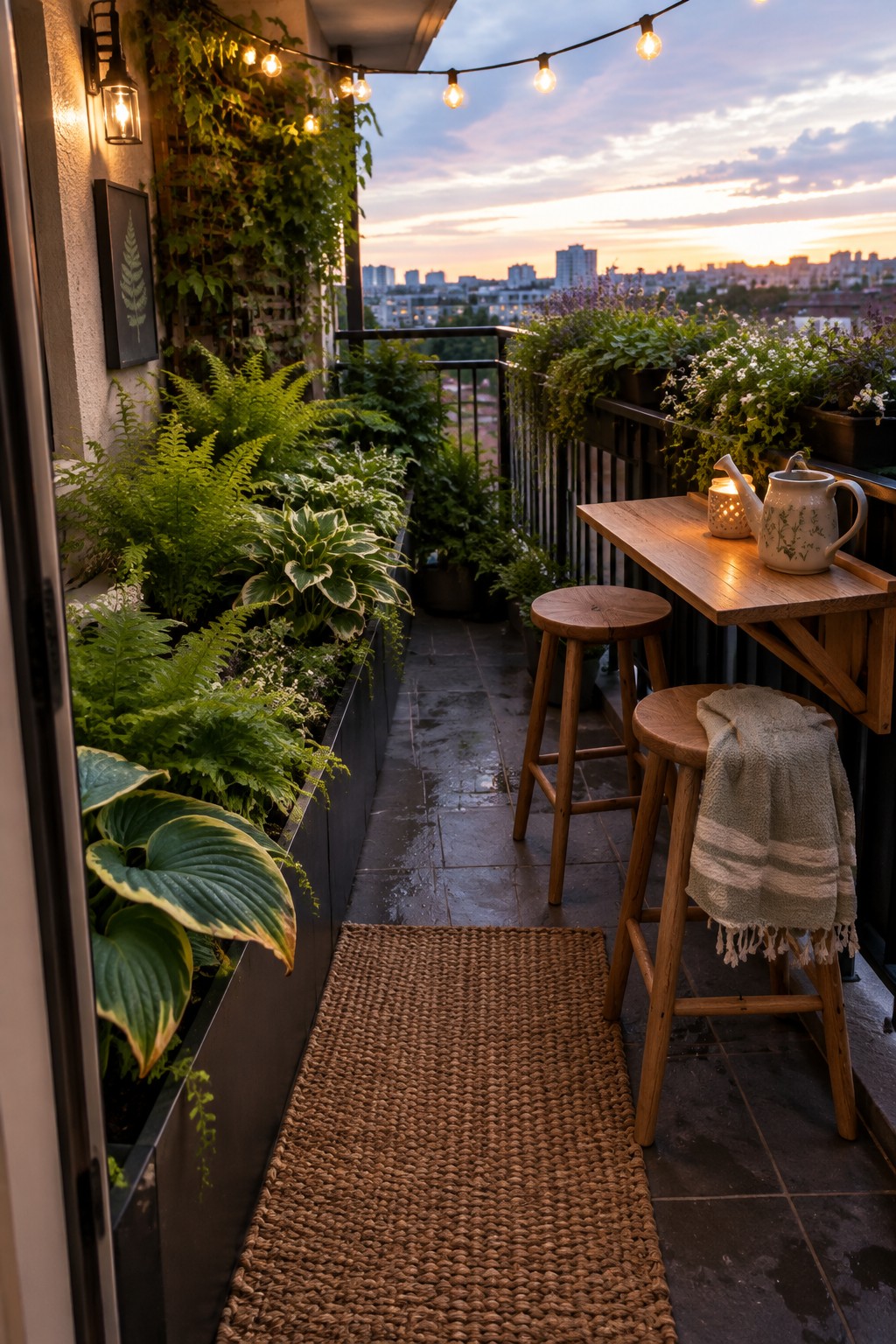 A narrow balcony has long raised planters filled with leafy plants, a tiled walkway, and a wooden table and stools.