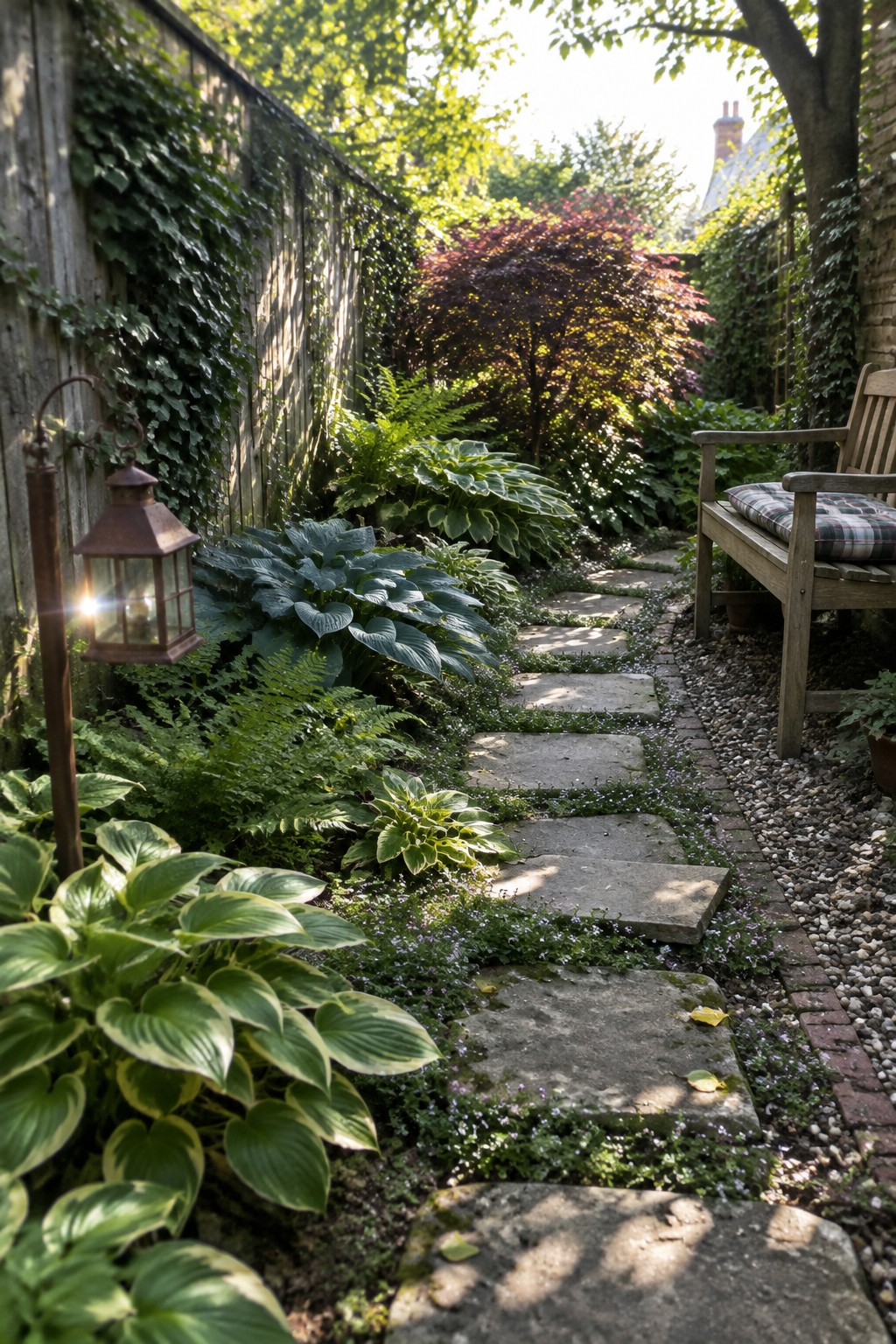 A stepping-stone path runs through a shady garden bordered by hostas, ferns, and a wooden fence.