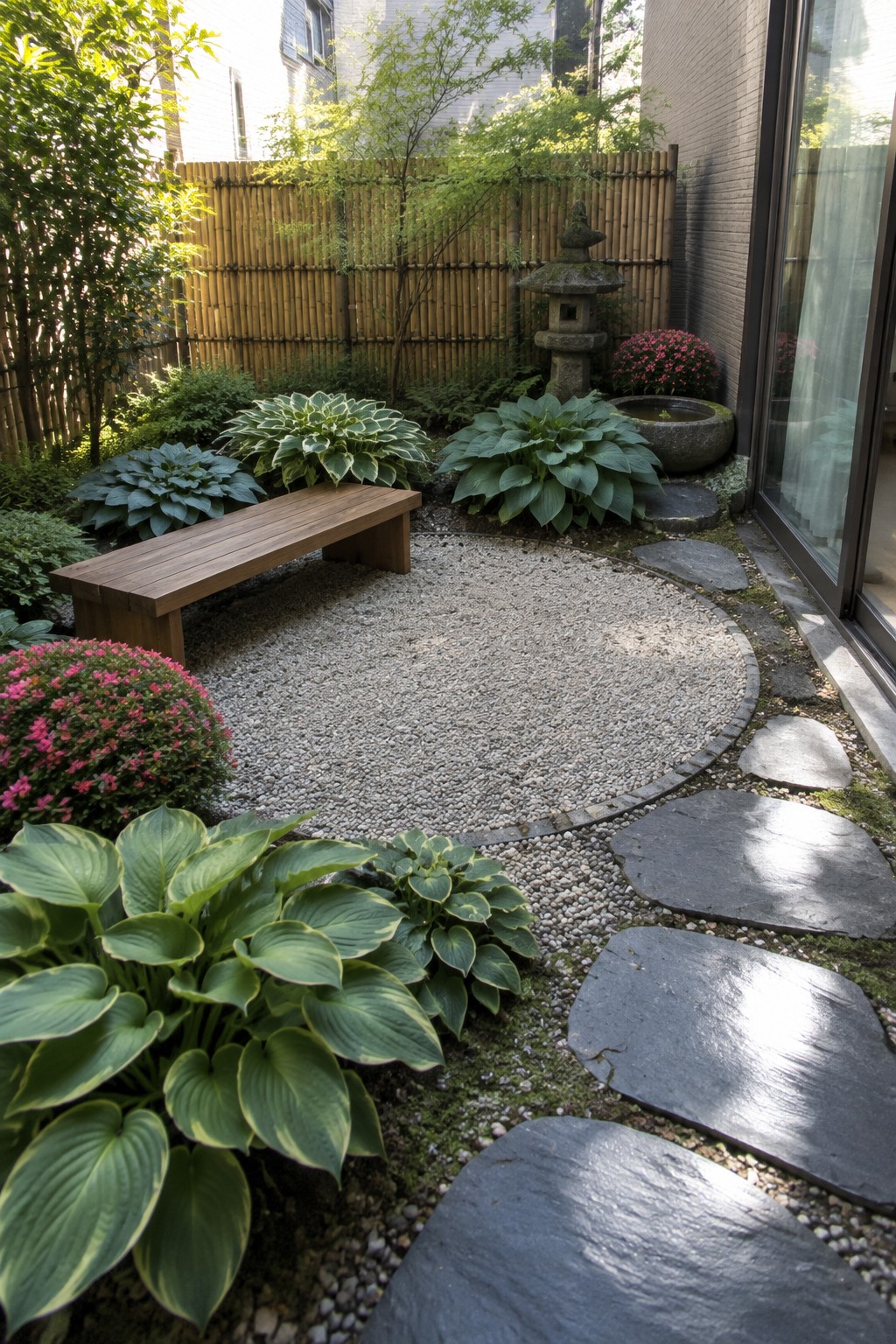 A wooden bench sits beside a circular gravel clearing edged with small stones and surrounded by hostas, with a bamboo fence behind it.