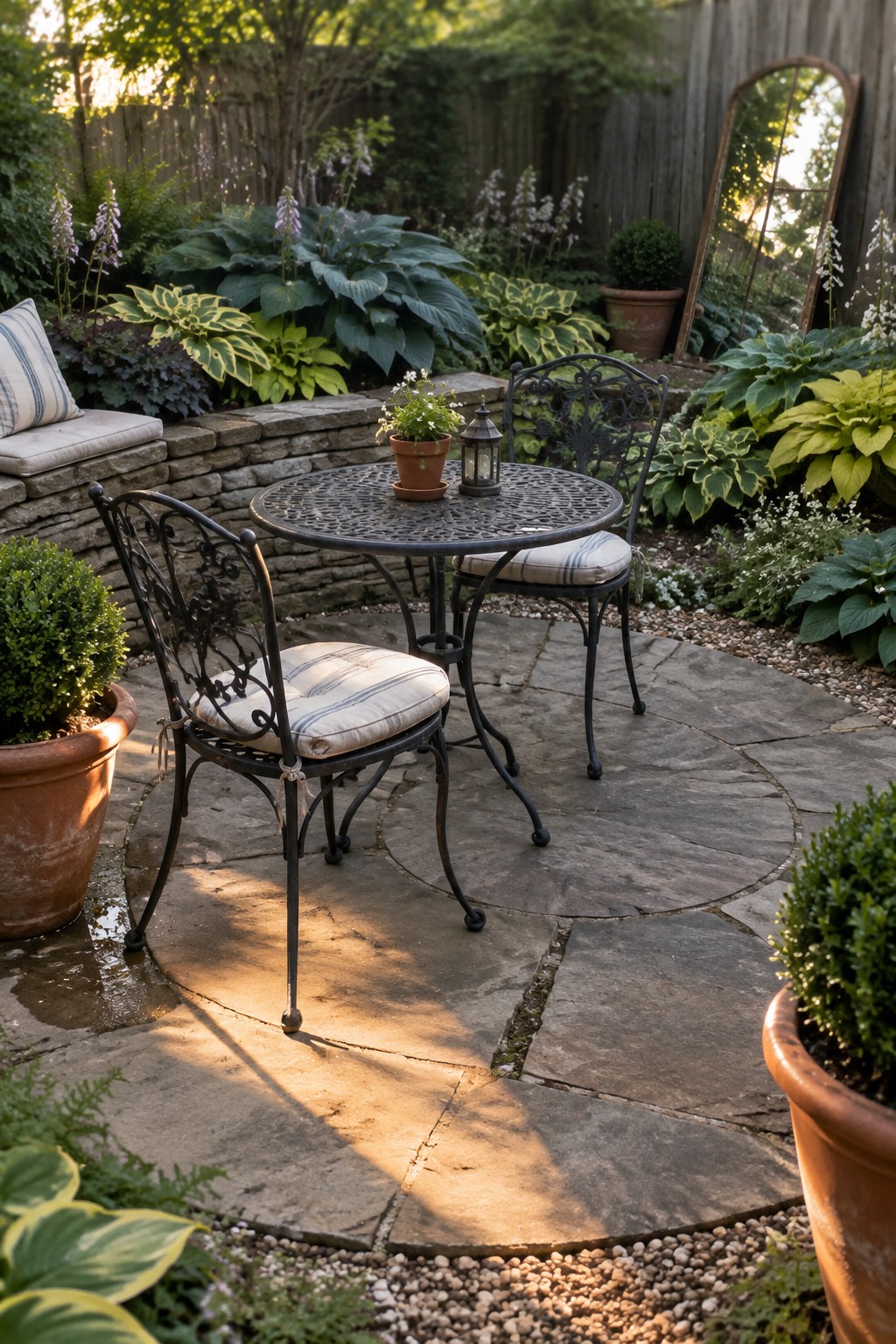 A round stone patio with a black metal table and chairs, bordered by hostas and other shade plants.