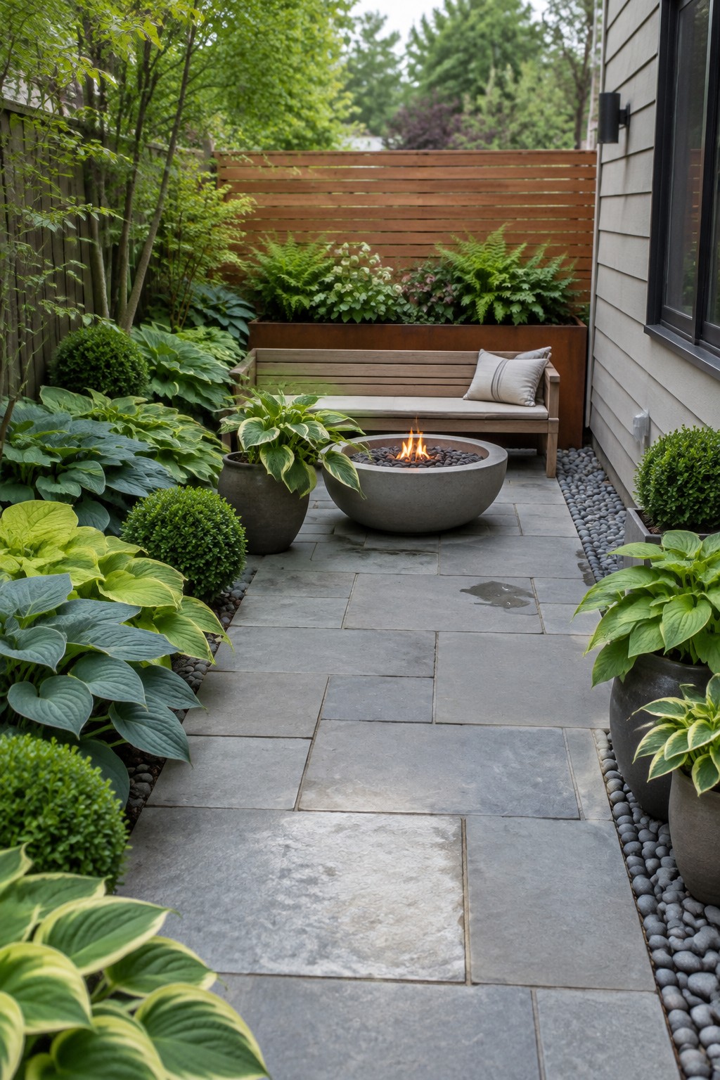 Large gray stone pavers run between leafy hostas and shrubs toward a wooden bench and round fire pit.