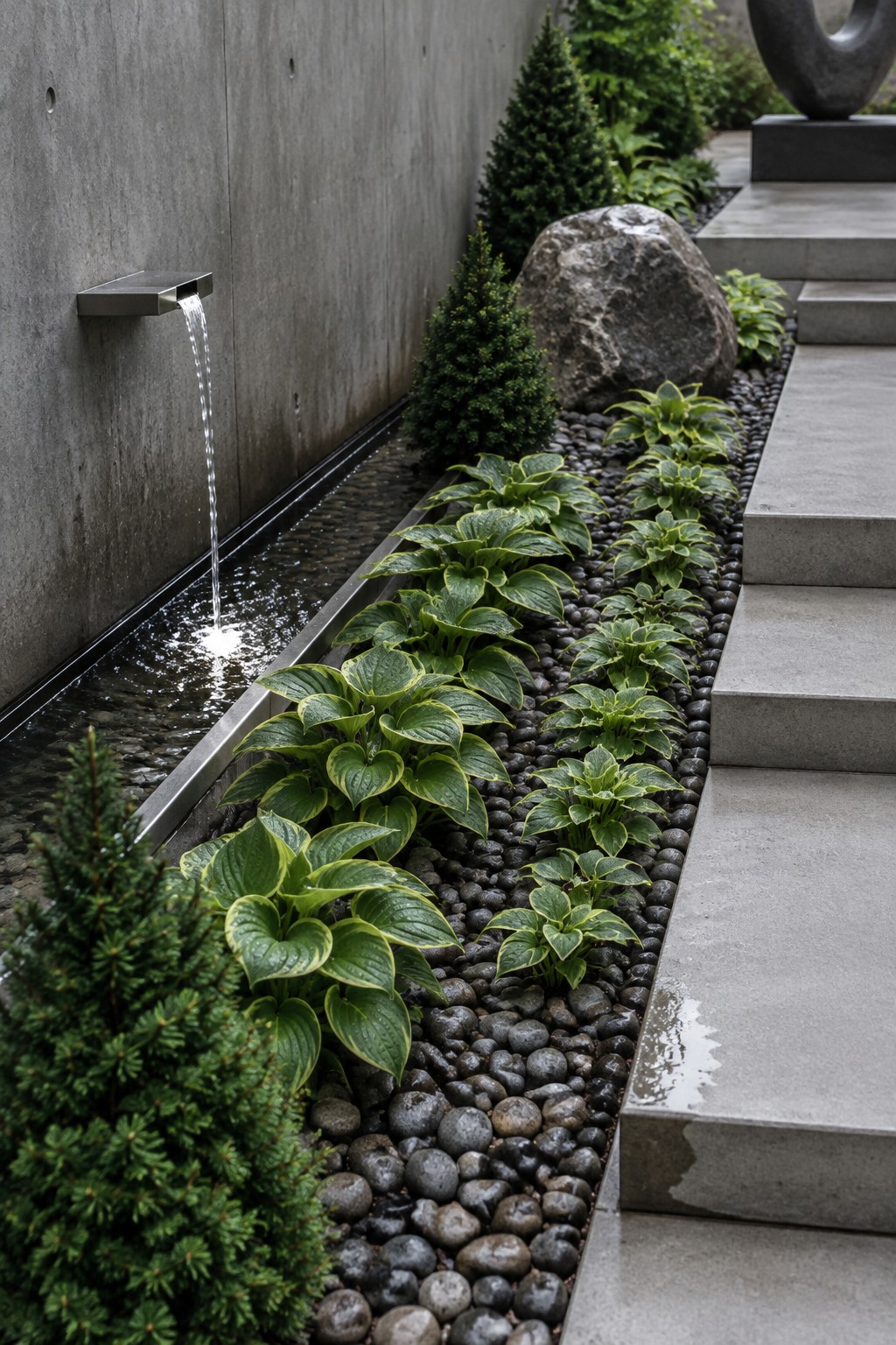 A narrow water channel runs beside hostas and smooth dark stones, with concrete steps along the garden edge.