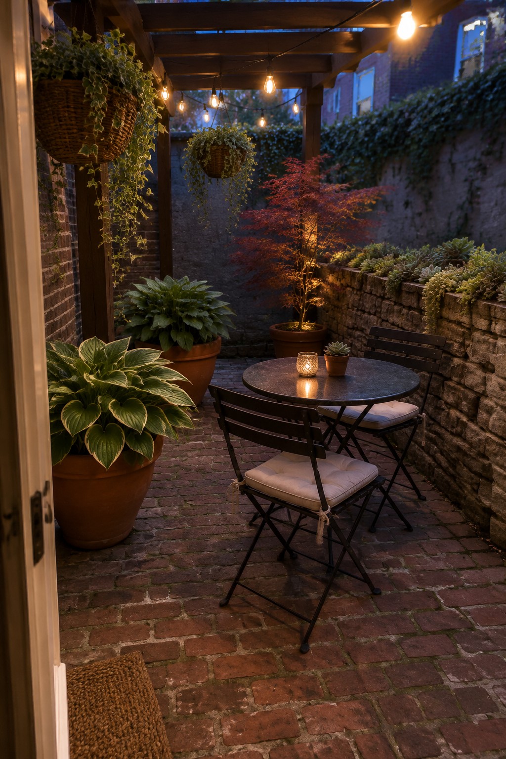 Potted hostas sit beside a brick patio with a round table and folding chairs.