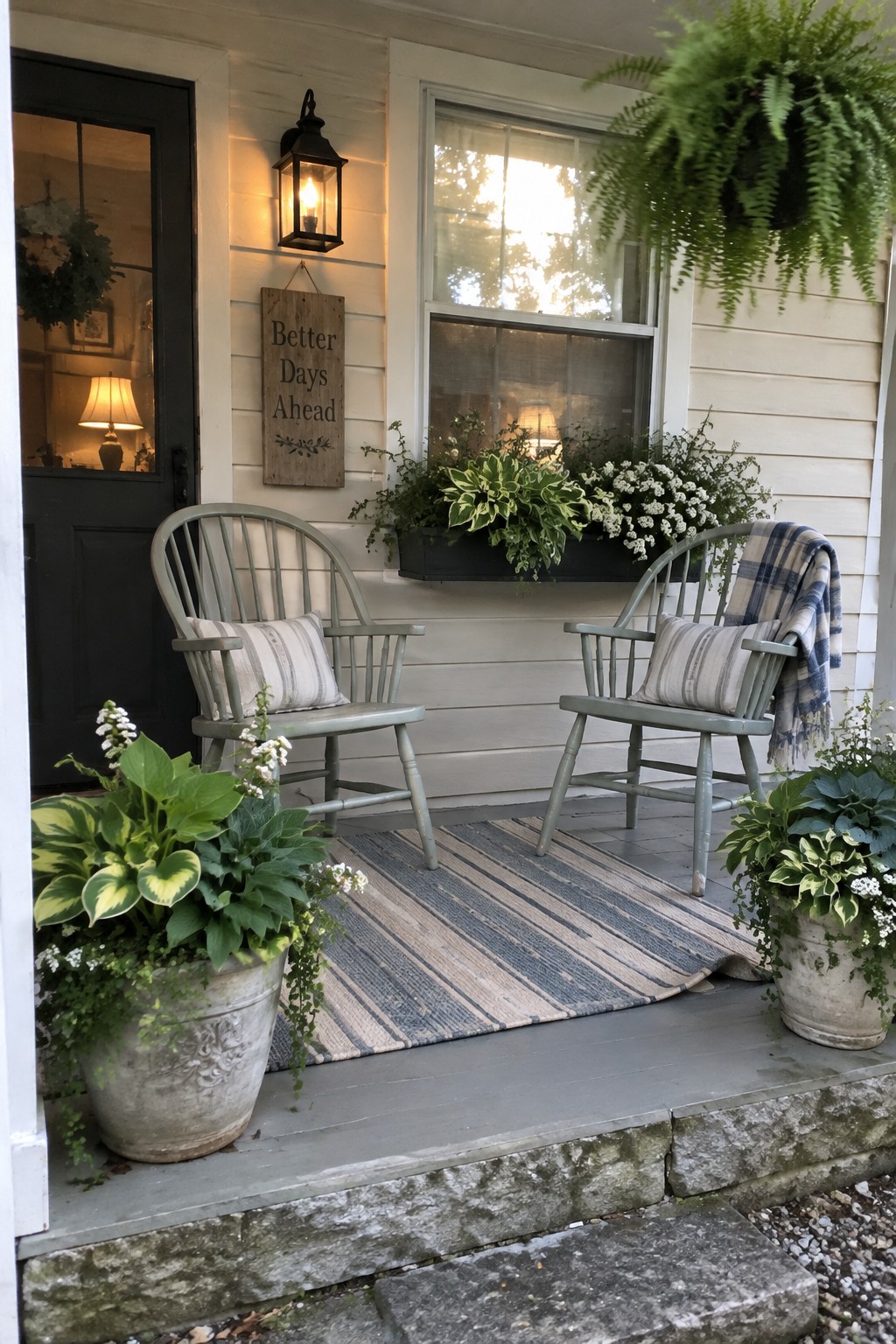 A small porch with two chairs, a striped rug, and leafy potted plants beside the steps.
