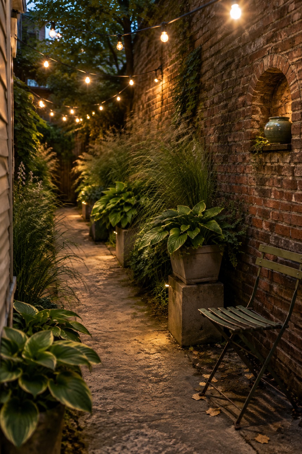 A narrow stone path runs through a shady garden with leafy plants and grasses along the edges, string lights overhead, and a metal chair beside a brick wall.