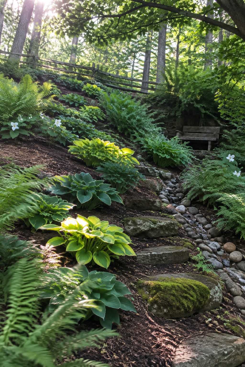 A stone garden path winds uphill through hostas and ferns beneath a wooden fence, with a bench beside the path.