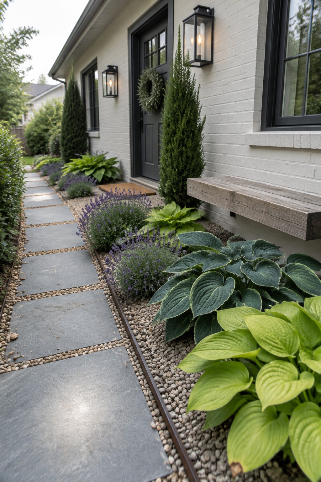 Broad-leaved hostas and purple flowers line a stepping-stone path beside a white brick house.