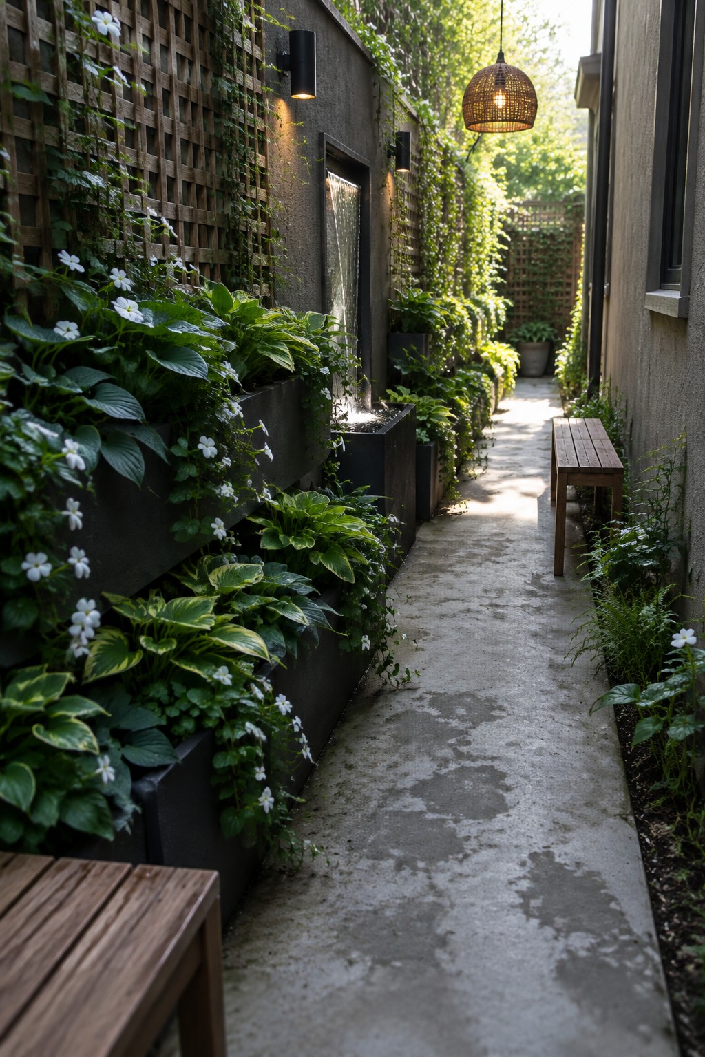 A narrow concrete garden path runs between walls lined with leafy plants, white flowers, and wooden trellises.