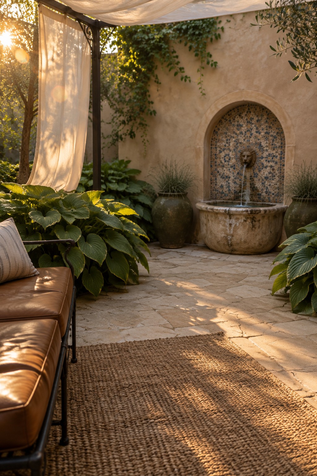 A shaded stone patio with a leather bench, leafy hostas, a woven rug, and a tiled wall fountain.