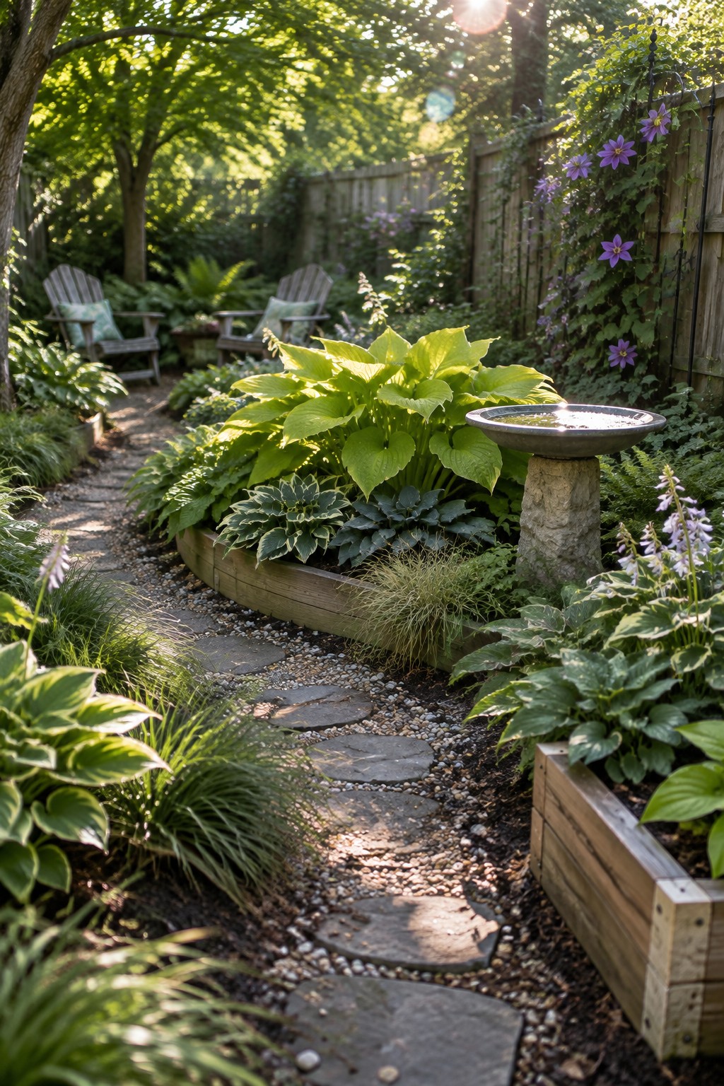 A narrow stepping-stone path winds between timber raised beds filled with hostas and other plants in a shaded garden.