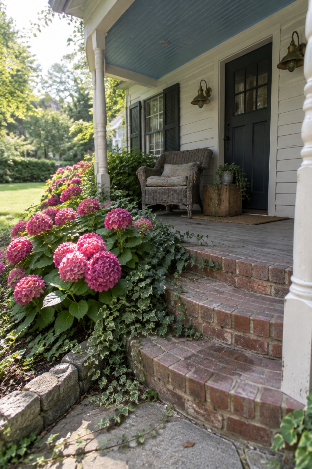 Pink hydrangeas grow beside brick porch steps leading to a white house with a dark door.