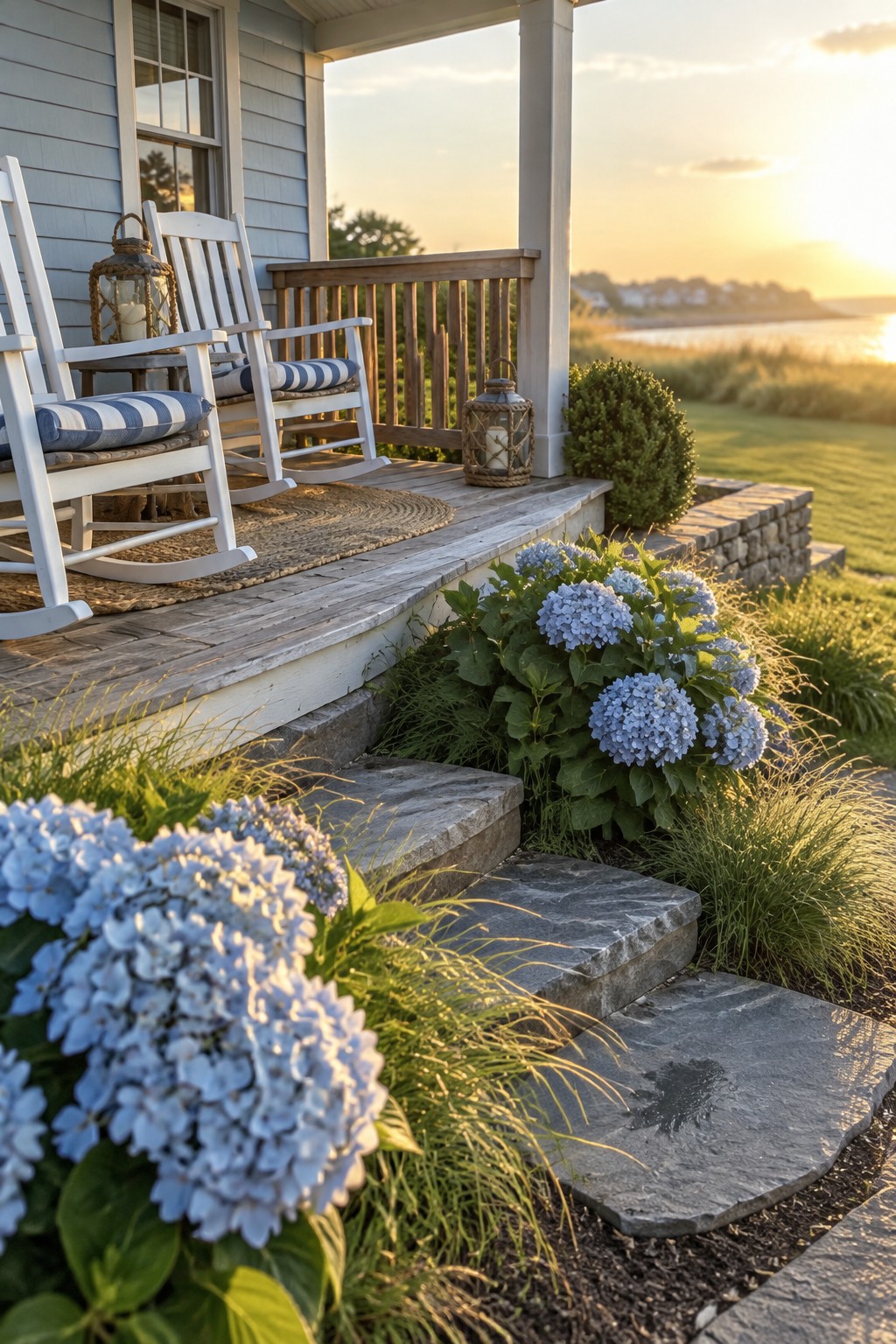 Blue hydrangeas and ornamental grasses grow beside stone steps leading to a porch with white rocking chairs.