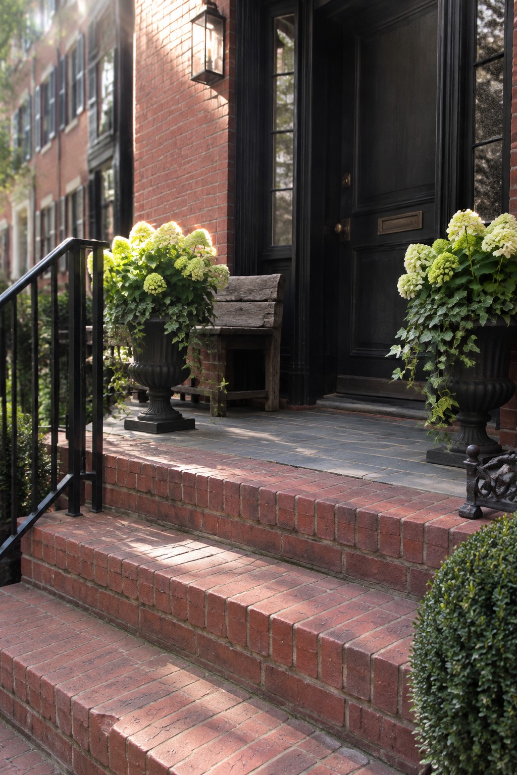 White hydrangeas in dark urn planters sit beside brick porch steps leading to a black front door.
