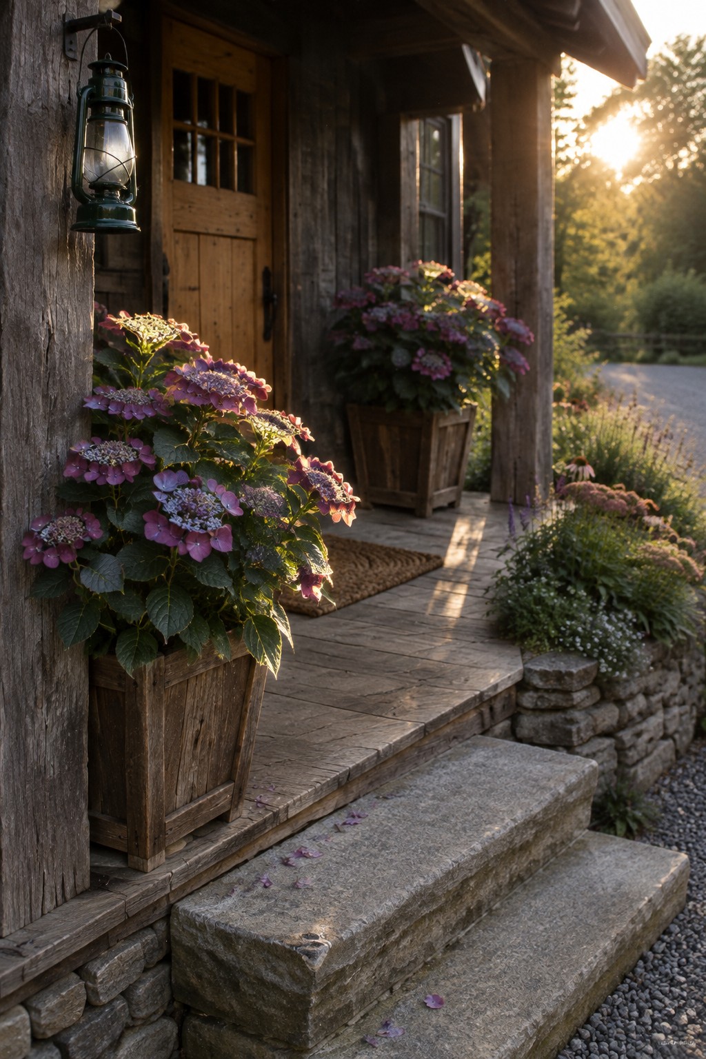 Large wooden planters filled with pink and purple hydrangeas sit beside the steps of a rustic wooden porch.