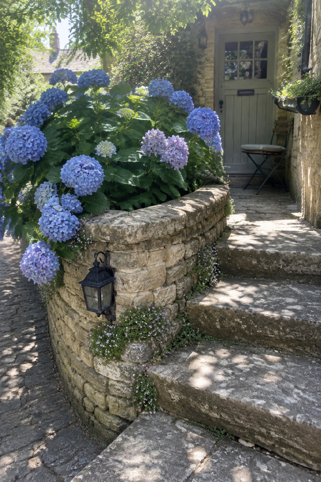 Blue and purple hydrangeas grow in a curved stone bed beside stone steps leading to a wooden door.
