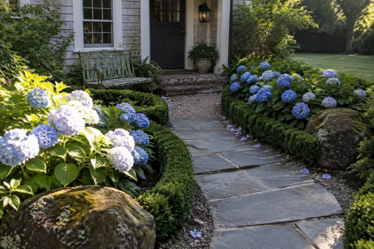 18 Hydrangea Landscaping Ideas for Small Front Yards A stone walkway edged with blue hydrangeas and low shrubs leads to a brick front step and dark entry door.