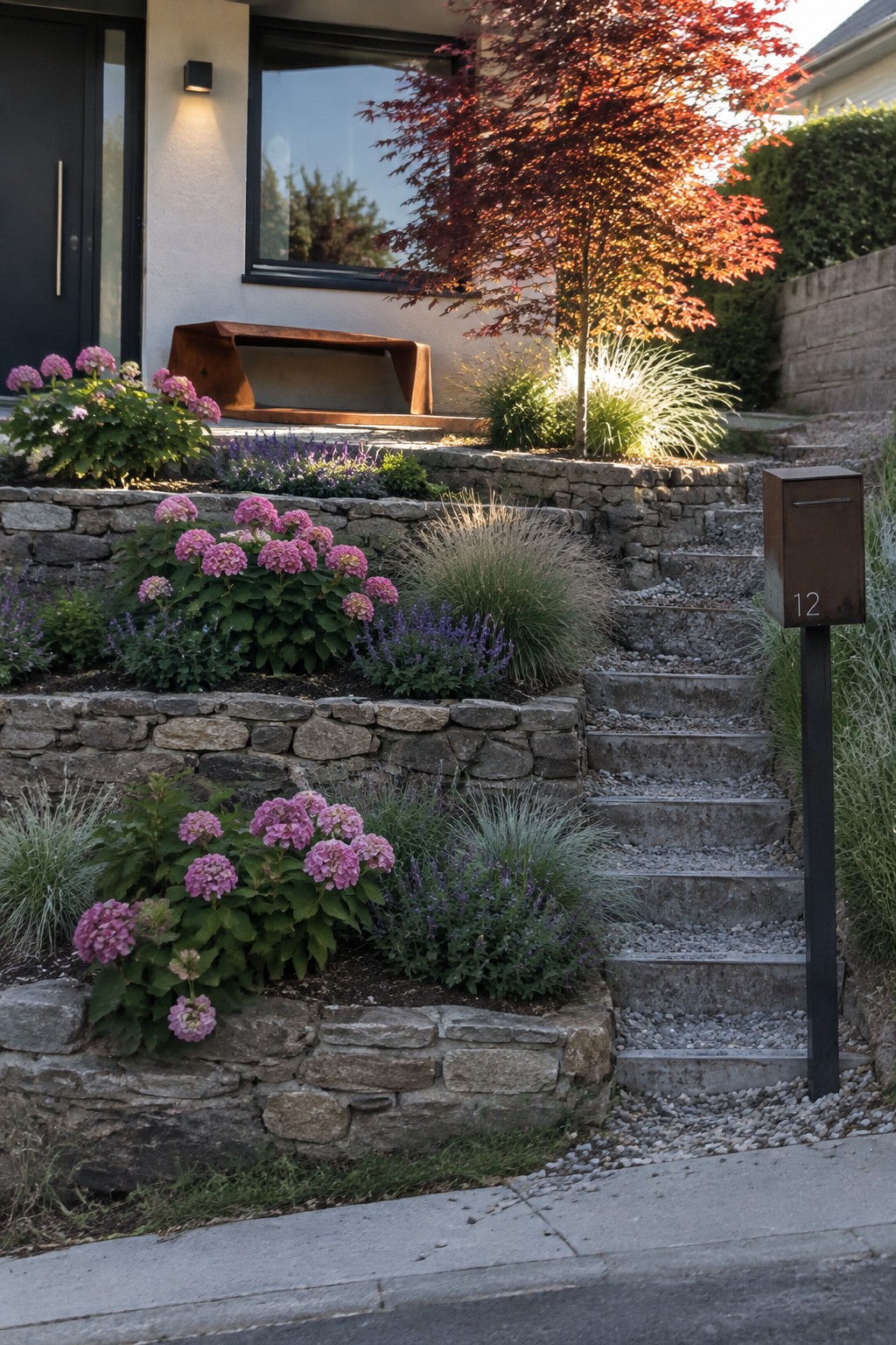 Pink hydrangeas and purple flowers grow in tiered stone garden beds beside gravel steps leading to a house.