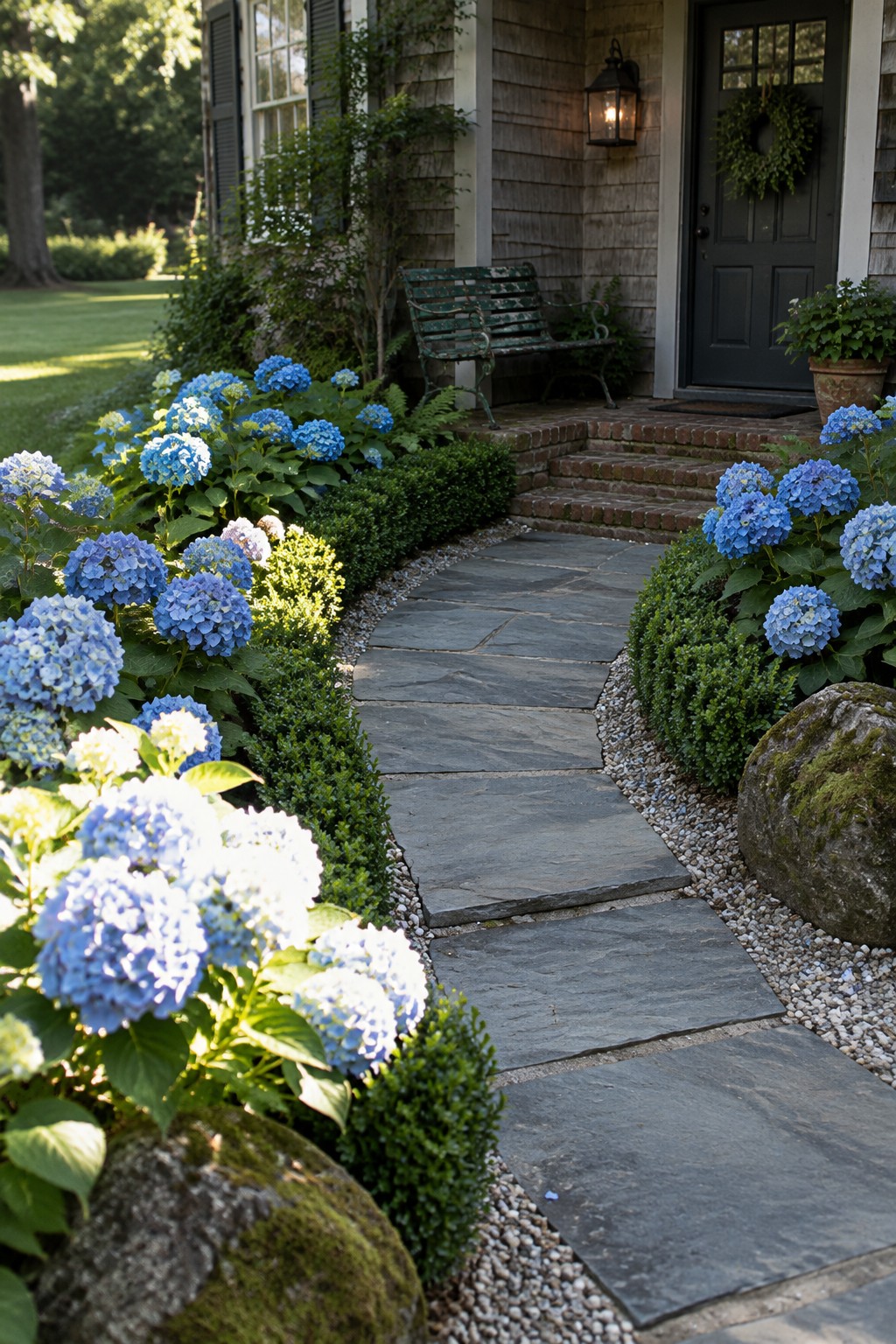 A stone walkway edged with blue hydrangeas and low shrubs leads to a brick front step and dark entry door.