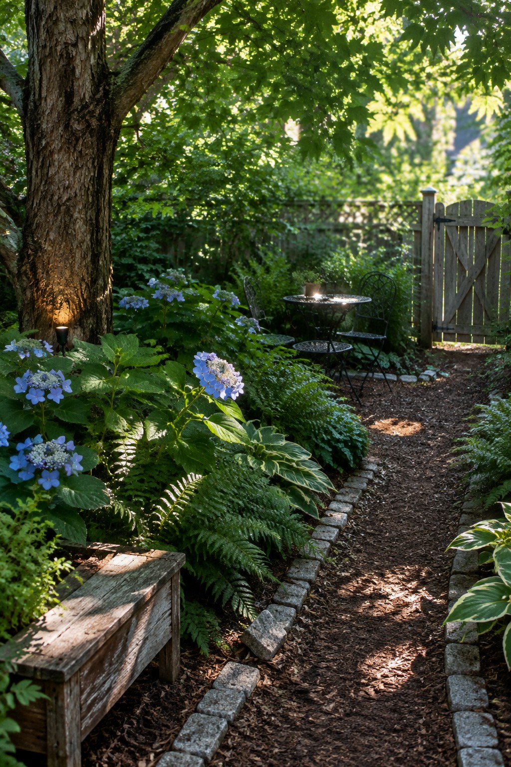 A mulched garden path edged with stones runs between hydrangeas and ferns toward a wooden gate.