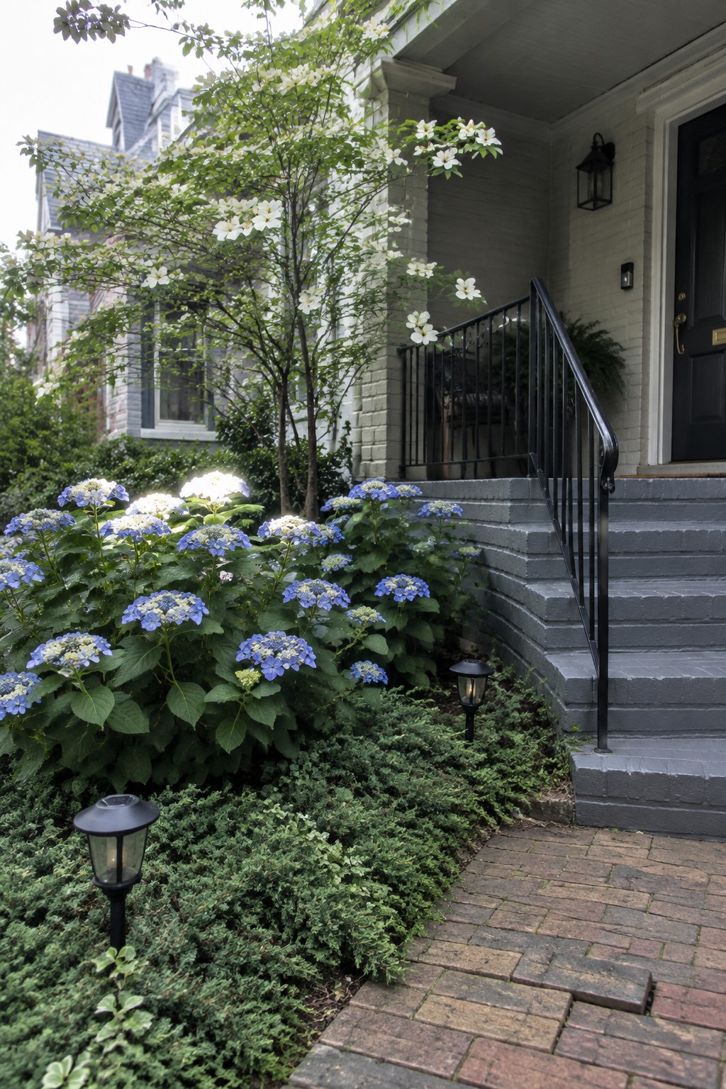 Blue hydrangeas and a flowering dogwood grow beside brick steps leading to a front porch.