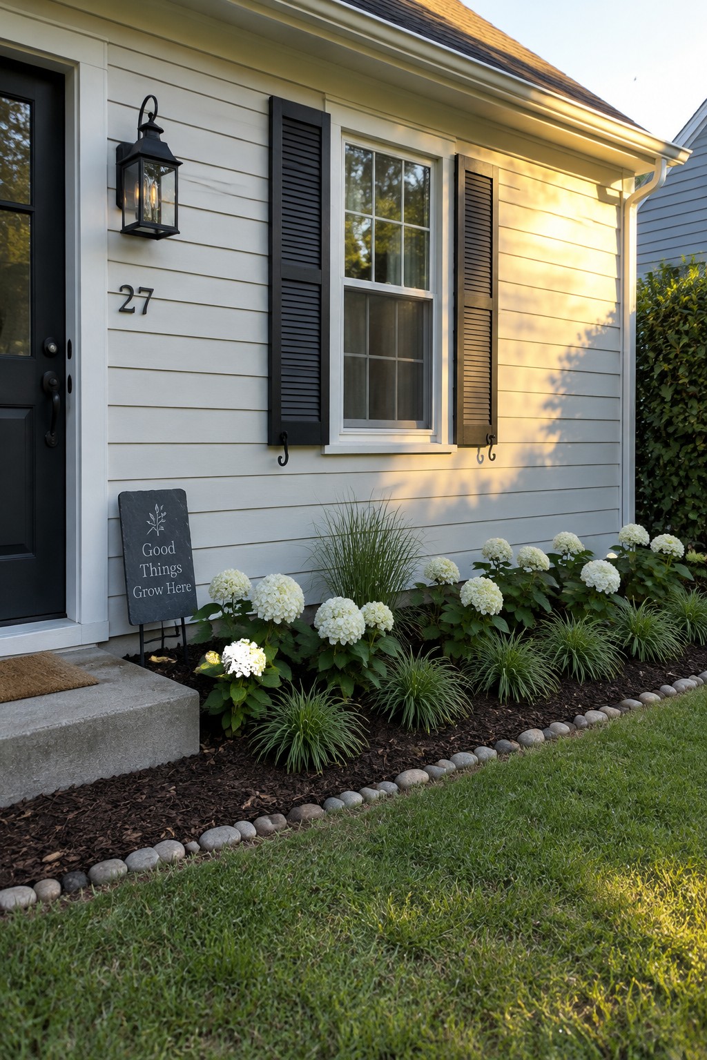 White hydrangeas and ornamental grasses grow in a mulched bed edged with stones beside a light-sided house.