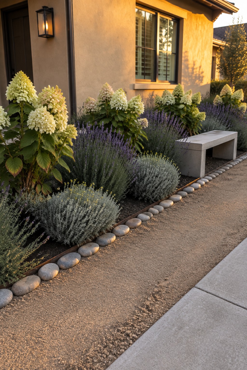 White and pale green hydrangeas and purple lavender grow in a narrow foundation bed beside a gravel walkway edged with smooth stones.