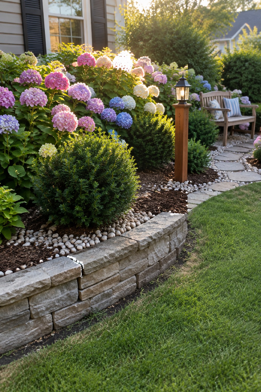 A low stone retaining wall borders a front garden planted with colorful hydrangeas, shrubs, and a stepping-stone path.