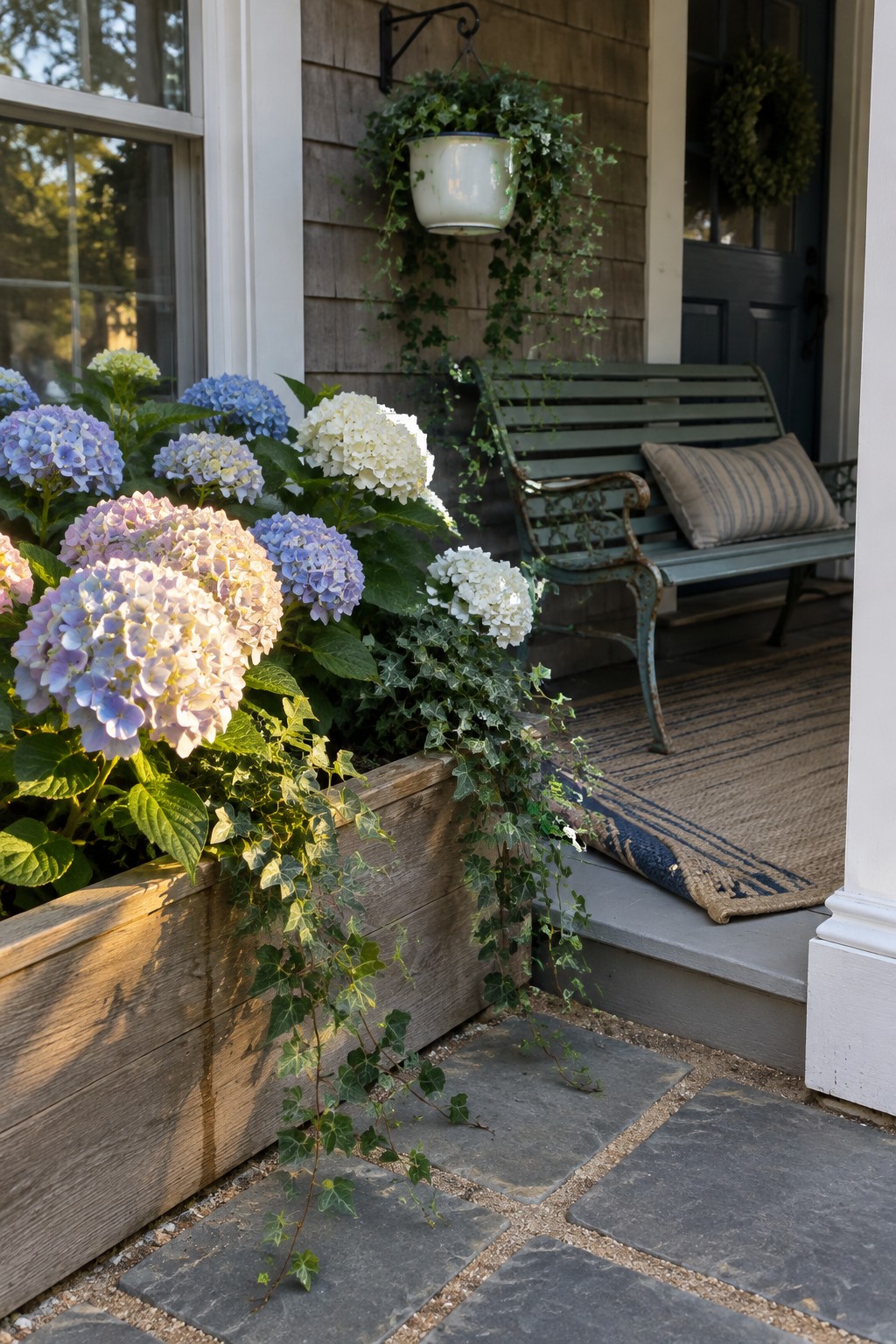 Blue, lavender, and white hydrangeas grow in a raised wooden planter beside a front porch with a bench.